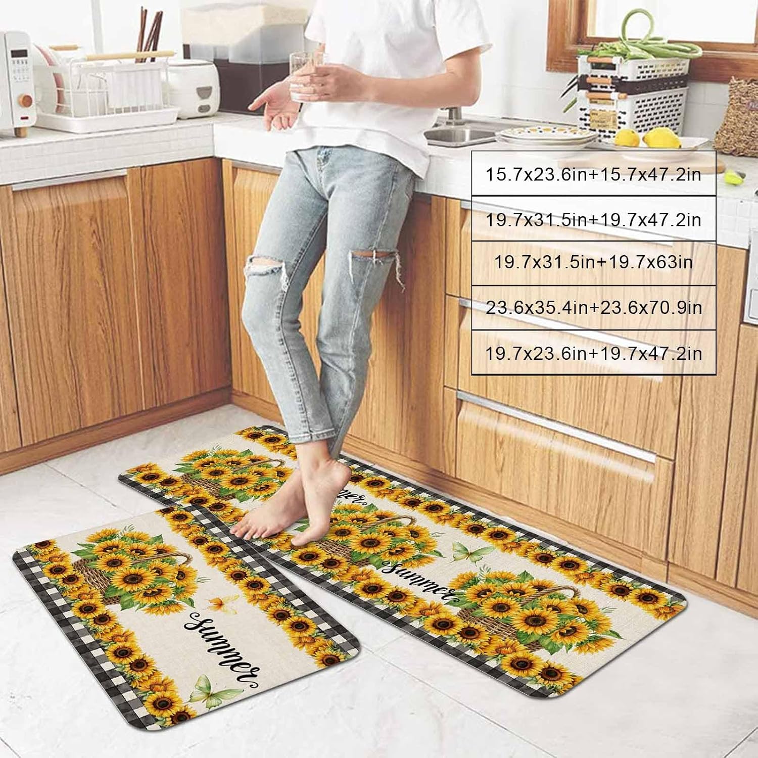 Prime Leader Summer Sunflowers Kitchen Mat Set 2 Pieces Vintage Yellow Floral Butterfly Linen Texture Non Slip Kitchen Rugs Washable Runner Rug Mats for Sink Laundry (23.6" x 35.4"+23.6" x 70.9")
