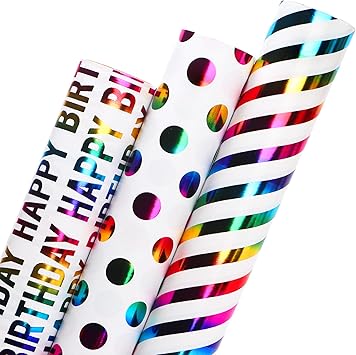 Ribbli Birthday Wrapping Paper Iridescent Gift Wrapping Paper Mini Roll, 3 Rolls Happy Birthday Polka Dots Stripes Printed Assortment - 17 inch x 120 inch(10feet) Per Roll