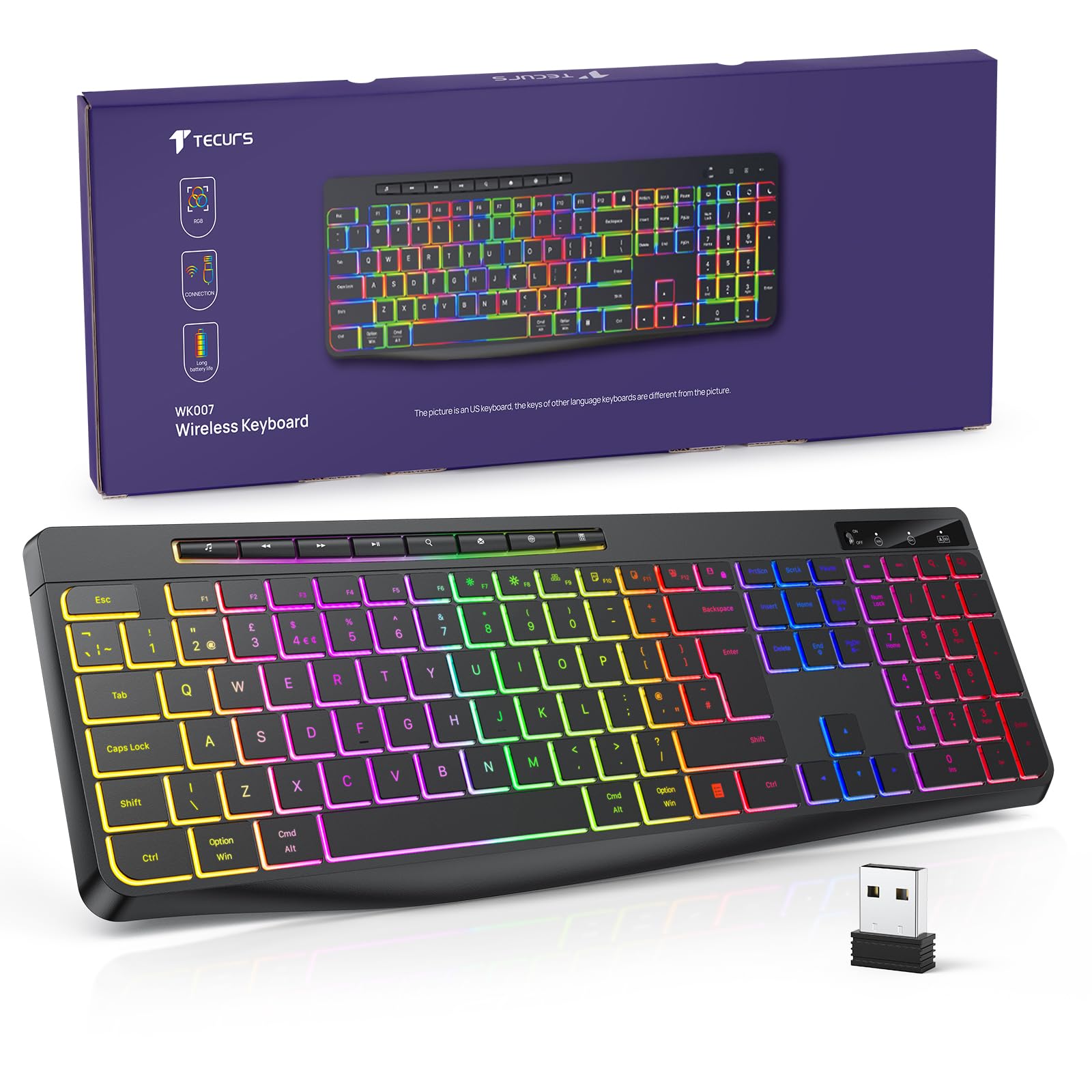 TECURS Tastiera Gaming Wireless - Tastiera QWERTY silenziosa, ergonomica, impermeabile, 2,4 GHz LED tastiera illuminata per PC/computer/Mac/Windows con tasti multimediali