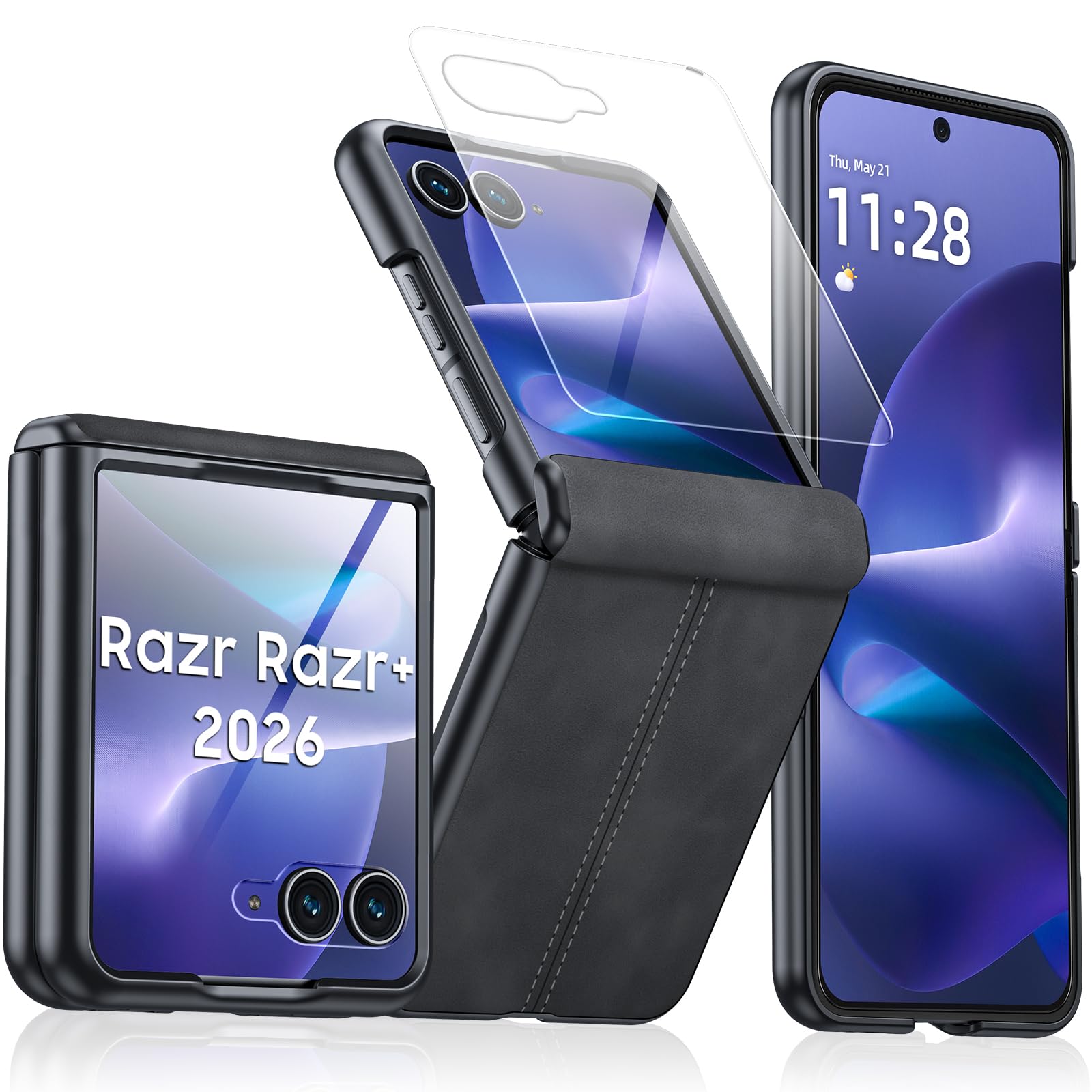 for Motorola Razr+ Plus 2026 Case/Razr+ Plus 2025 Case with Hinge Protection &amp; Built-in Outer Screen Protector, PU Leather Matte PC Shockproof Cover, Slim Case for Razr+ 2026/2025-Black Gray