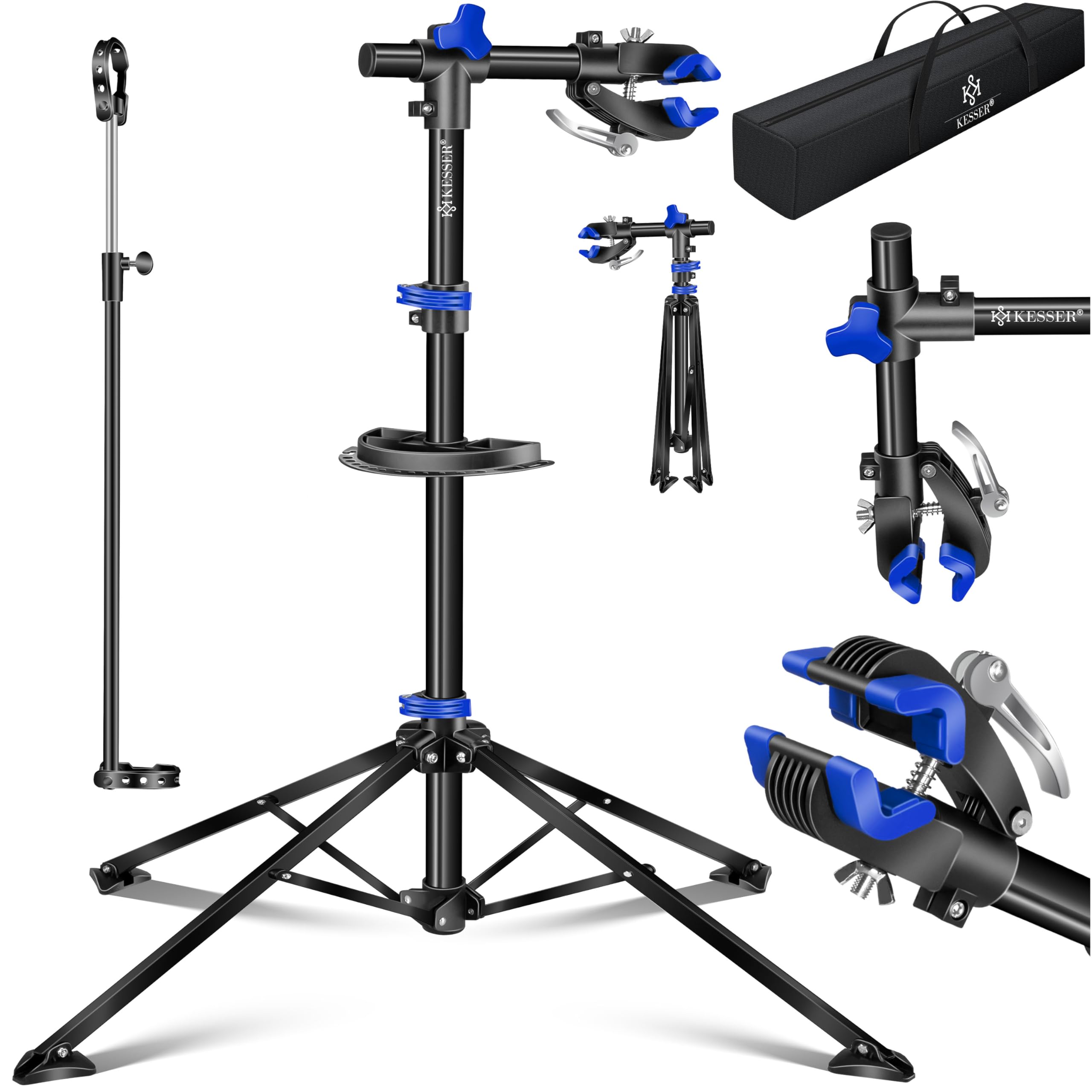 KESSER® Cavalletto per riparazioni di biciclette Cavalletto per riparazioni professionali Cavalletto per biciclette + borsa Cavalletto per riparazioni di biciclette fino a 50 kg, blu
