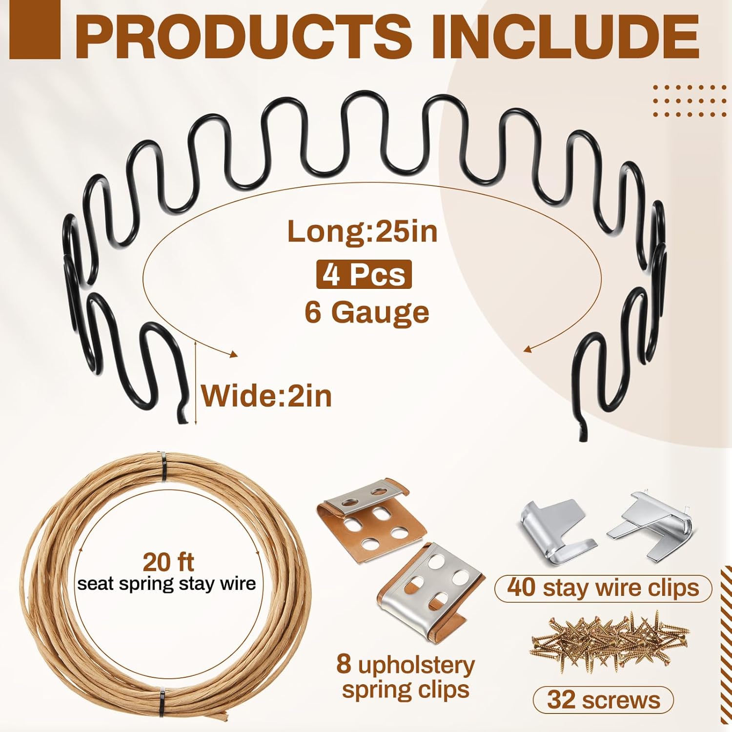 MorningRo 4 Pcs 25" Couch Upholstery Spring Repair Replacement Kit - 4 Heavy-Duty Springs, 8 Spring Clips, 32 Nails, 20ft Steel Stay Wire for Fixing Sagging Cushions in Sofa Recliner Chair