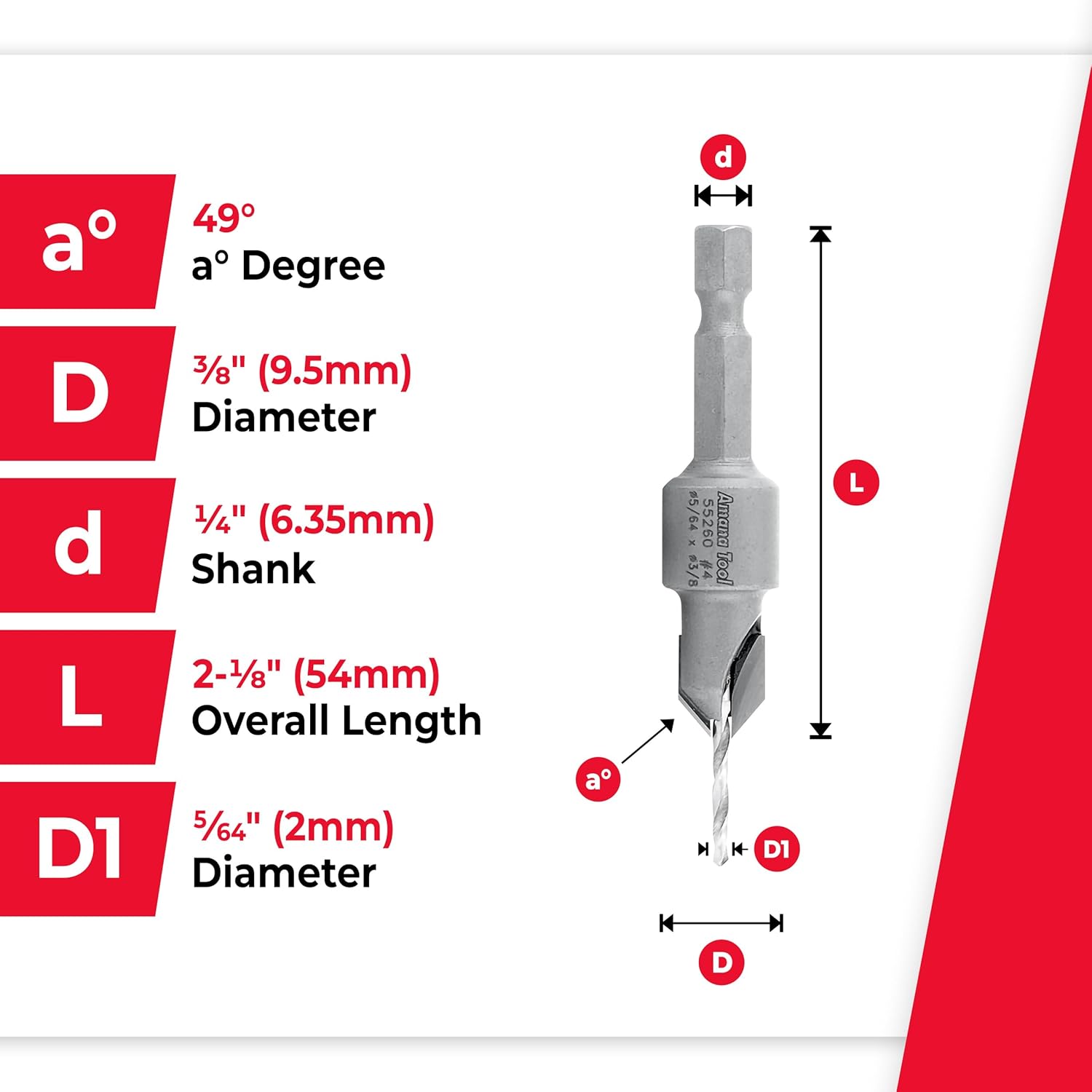 Amana Tool Carbide Tipped 82 Degree Countersink Drill Bit, 55260, 3/8 D x 49 Deg x 1/4 Quick Release Hex Shank for Wood Screw 4