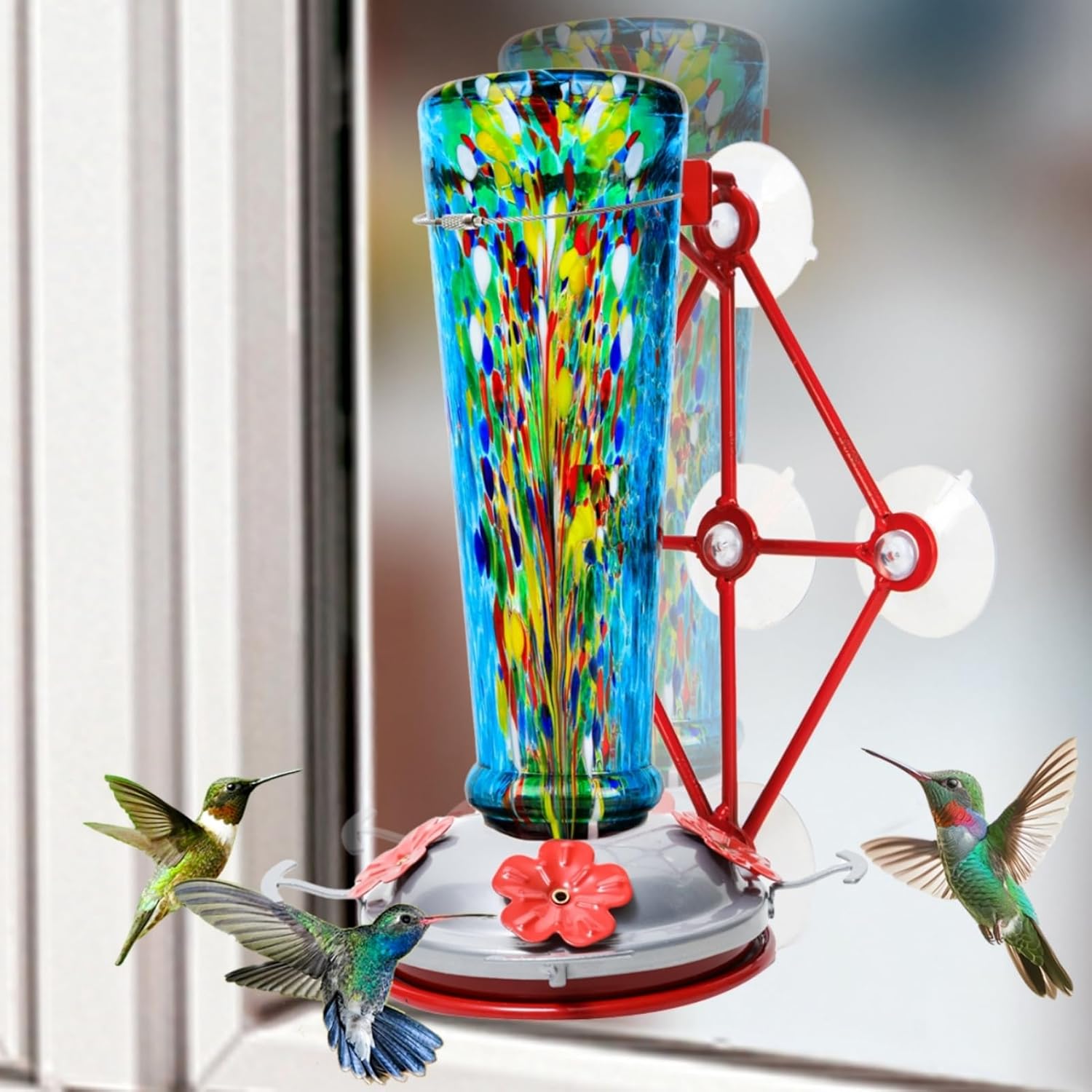 Window Hummingbird Feeder with 5 Strong Suction Cup 16 Ounces Colorful Hand-Blown Glass Hummingbird Feeder for Outdoor Patio Hanging Windows Mount (Blue)