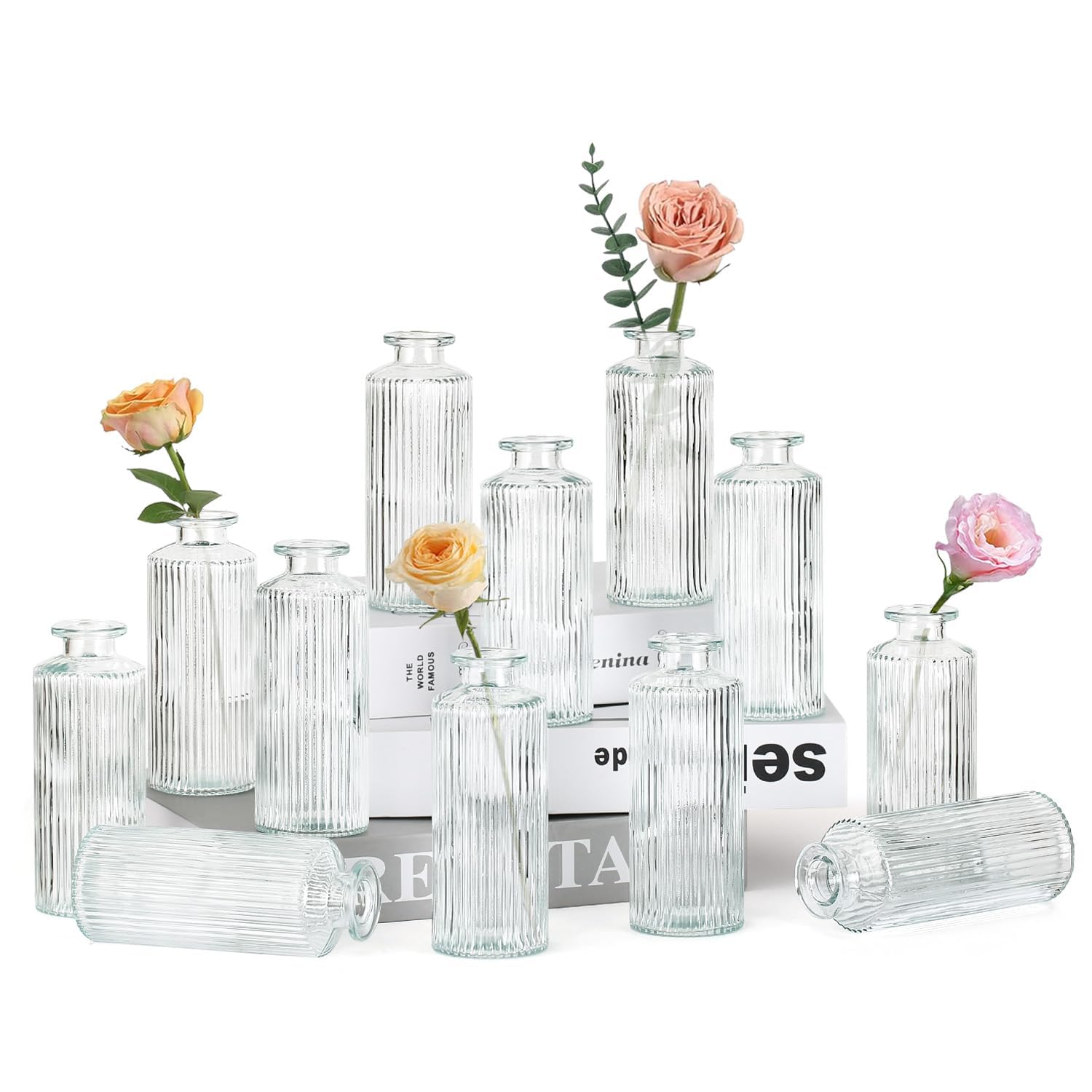 Sawoake Small Vases, Pack of 12 Glass Vases for Table Decoration, Mini Vases, Glass Bottles for Home, Weddings, Birthdays, Festivals (Transparent Vertical)