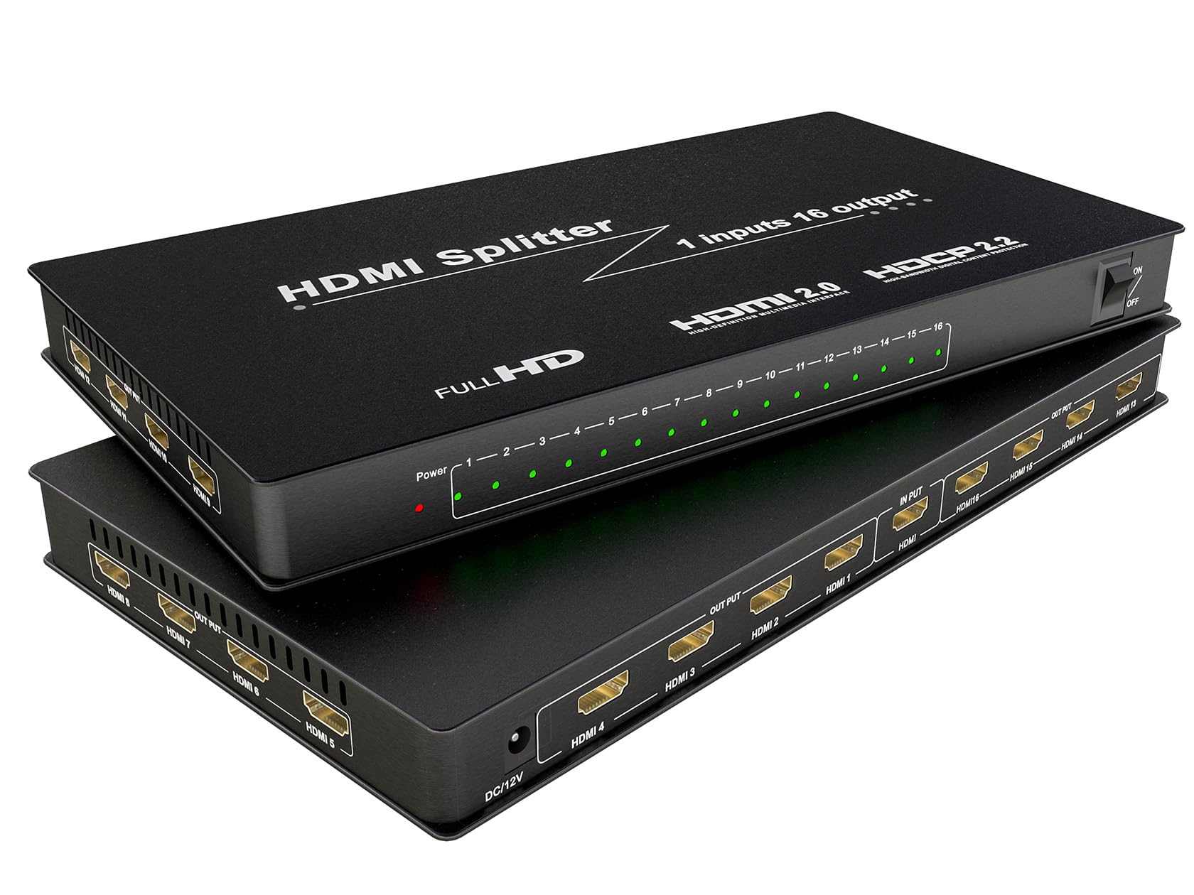 HDMI Splitter - 1 in 16 Out,16 Way TV Splitters Premium Quality High Resolutions Support HDMI 2.0, HDCP 2.2, 18 Gbps 4K@60Hz 2k@120Hz 36-Bit Deep Color UltraHD,Plug&Play