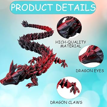 3D Printed Dragon, Laser Black Red Crystal 3D Printed Dragon Large for Fantasy Collectors and Imaginative Play, Flexible Poseable Figure for Home Office Decoration Display and Relax