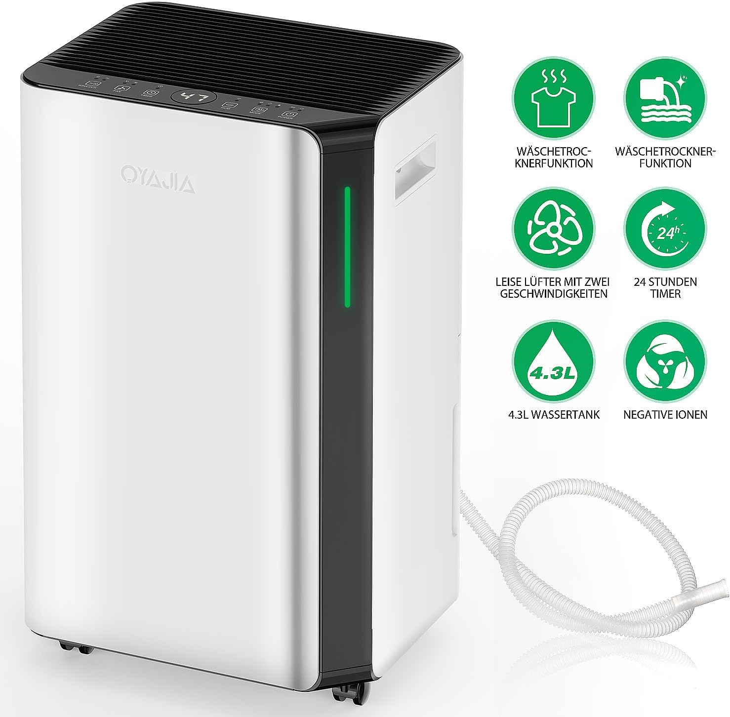 OYAJIA BD068C Dehumidifier highlighting key features like laundry drying, 4.3L water tank, negative ions, 2 fan speeds, and 24-hour timer.