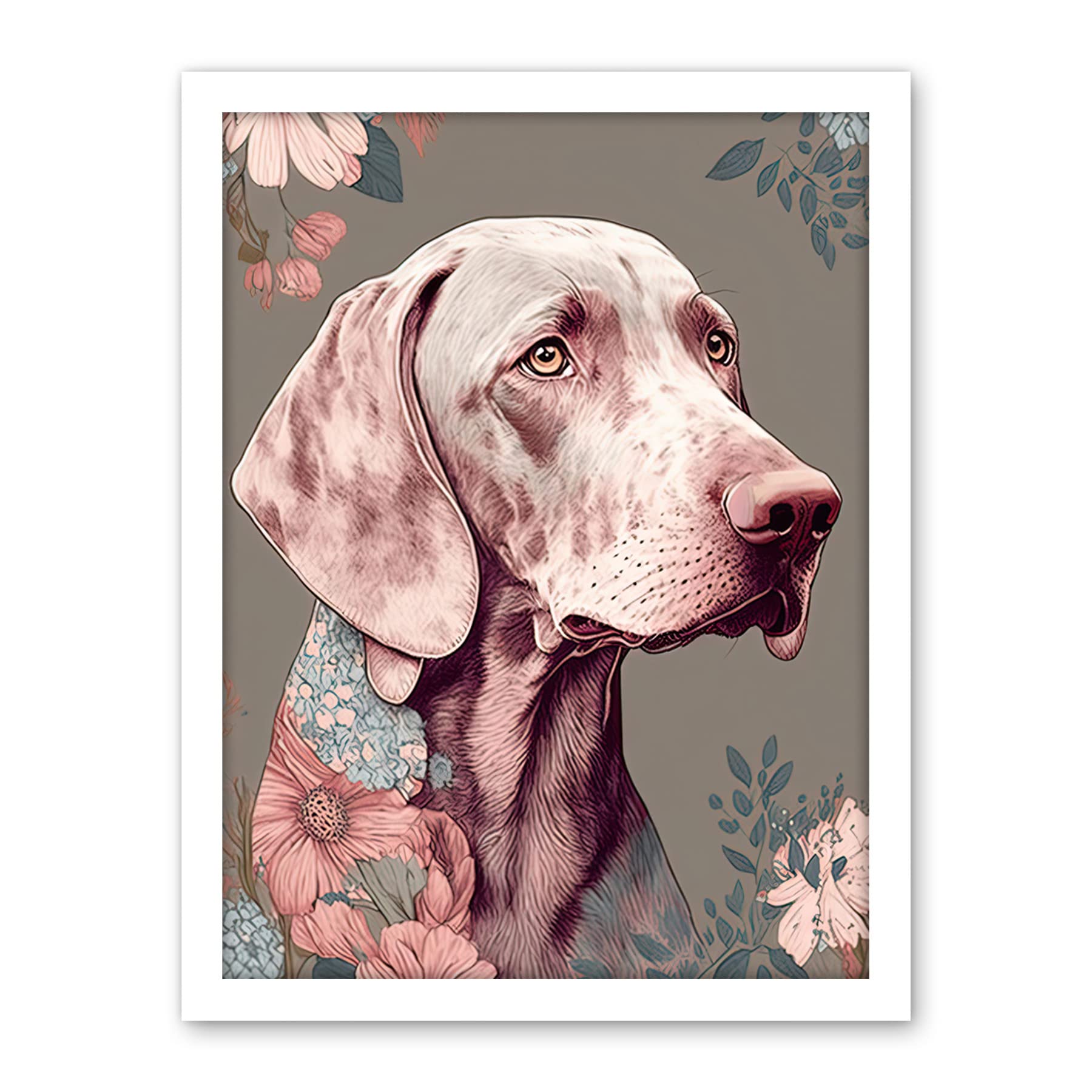 Artery8 Weimaraner Dog Portrait with Flower Patterns Modern Detailed Illustration Artwork Framed Wall Art Print 18X24 Inch