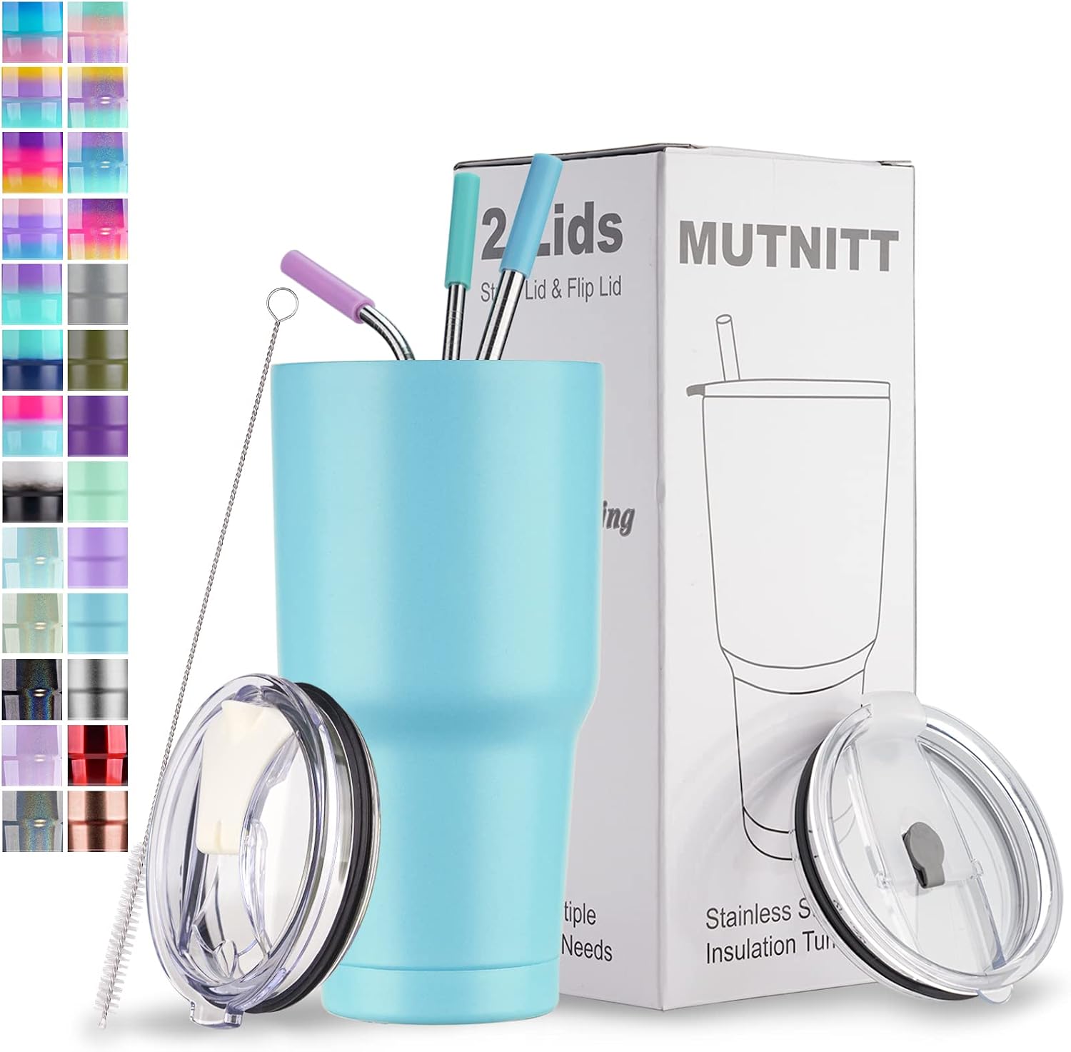 30 oz Tumbler with Lids and Straws,Stainless Steel Vacuum Insulated Coffee Tumbler,Powder Coated Insulated Travel Mug with Leak-Proof Straw Lid & Flip Lid,3 Metal Straws,1 Cleaning Brush(Light Blue)