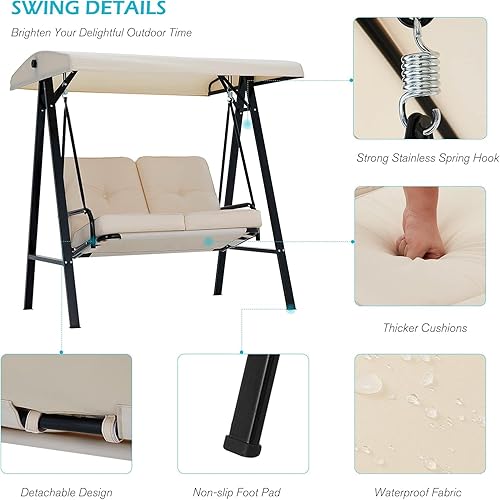 Miniatura 8 de AECOJOY Silla columpio de patio al aire libre de 2 asientos con toldo ajustable, sillas columpios de porche para adultos, banco columpio exterior