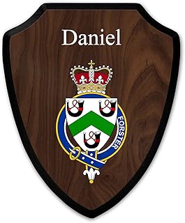 HARD EDGE DESIGN Family Coat of Arms Heritage Shield Plaque, English Garter Family Forster, Personalized Customizable Text or Name with Dark Wood Background