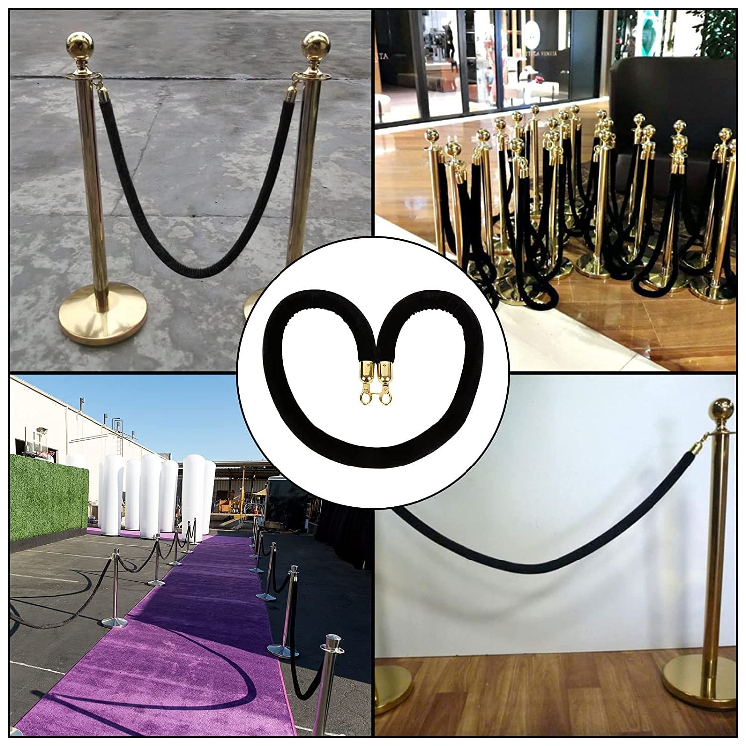 Paletti di controllo della folla, barriera in corda di velluto di alta qualità, confezione da 4 con clip dorate - 2,5 m per matrimoni, eventi, ristoranti e hotel - Elegante soluzione di sicu