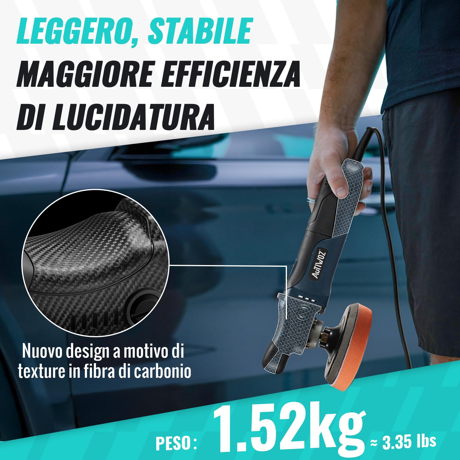 AUTIWOZ - Mini lucidatrice per auto, 630 W, con 6 velocità variabile 2500 – 4500 giri/min, impugnatura laterale, 100 mm/125 mm, spugna lucidante/disco di lana/carta vetrata, per lucidare auto