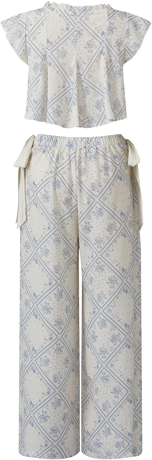 Women Ruffle Pajama Set Bow Tie Front Tank Top and Wide Leg Pants Pajama Set Cute 2 Piece Floral Pjs Loungewear - Image 4