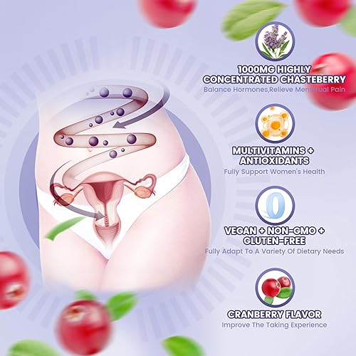 Miniatura 6 de VivoNu Probióticos para mujer + gomitas Vitex pH y equilibrio hormonal, olor, levadura y calambres menstruales con arándano, casteberry, CoQ10,