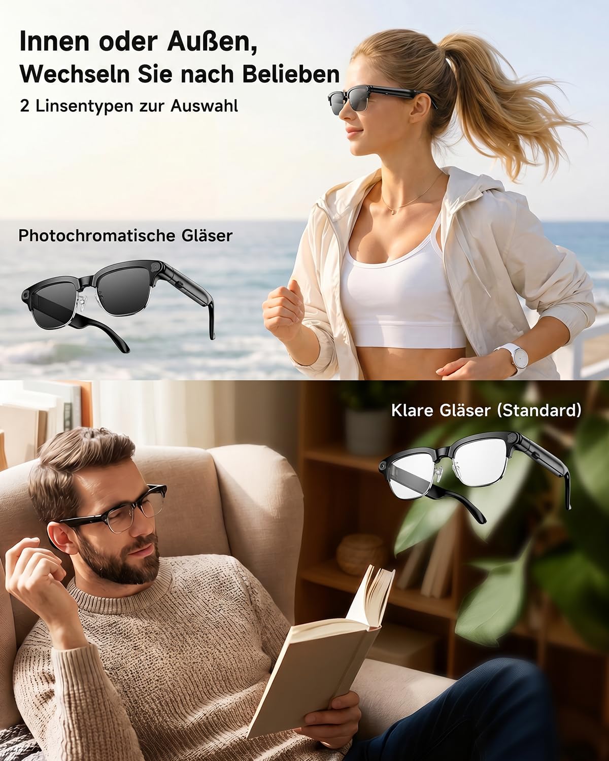 TOOBUR AI Smart Glasses mit 8MP Kamera, 1080P Anti-Shake HD Video, 2 Paar Linsen, Echtzeitübersetzung & Sprachassistent, Bluetooth-Anrufe & Offene-Ohr-Audio für Vlogging, Reisen & Meetings