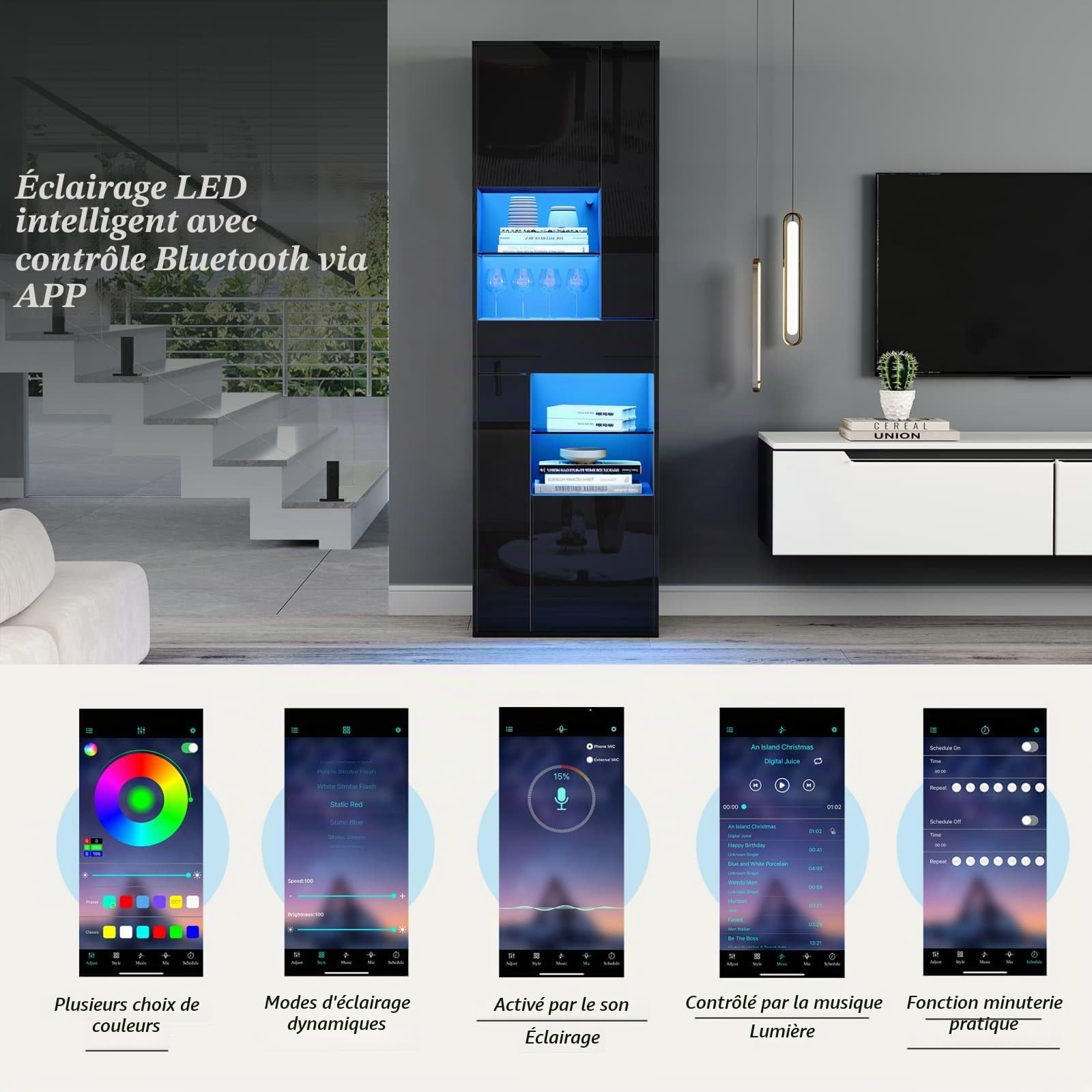 KOMHTOM Vitrine avec éclairage LED, Armoire de Rangement avec Portes Vitrées, Armoire Haute pour Salles de Collection, Chambres, Salons et Bureaux (F)