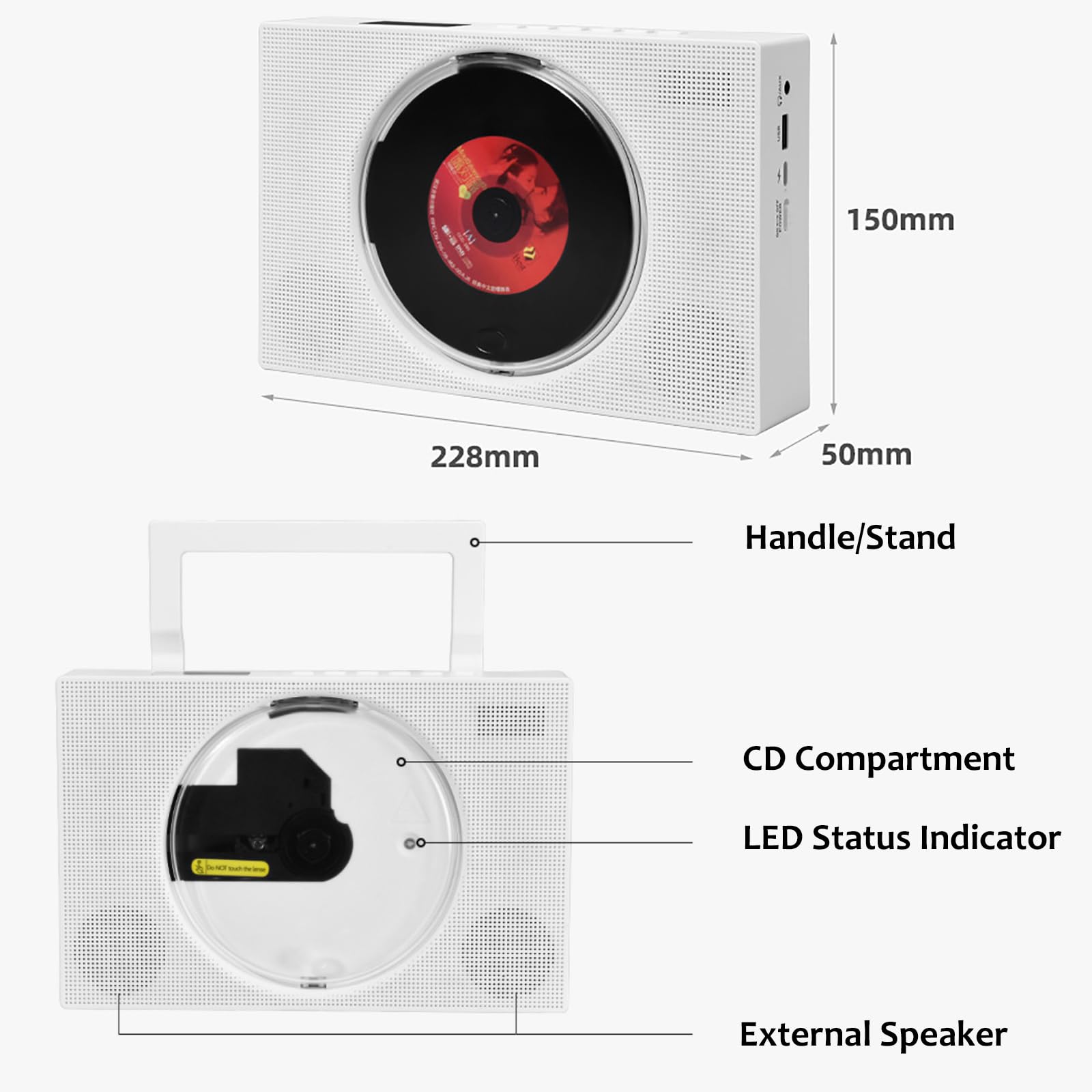 Reproductor De CD Portátil, Reproductor De CD Decorativo con Control Remoto, Transmisión Bidireccional, CD, CD-R, CD-RW, MP3, WMA, Altavoces: 2 De 45 Mm, Recargable, para El Hogar Y Viajes