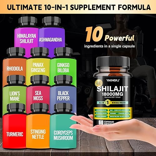 Miniatura 5 de Cápsulas Shilajit de 18000 mg con Ashwagandha, Rhodiola Rosea, Panax Ginseng, Cordyceps, cúrcuma, ginkgo, ácido fúlvico traza minerales suplemento