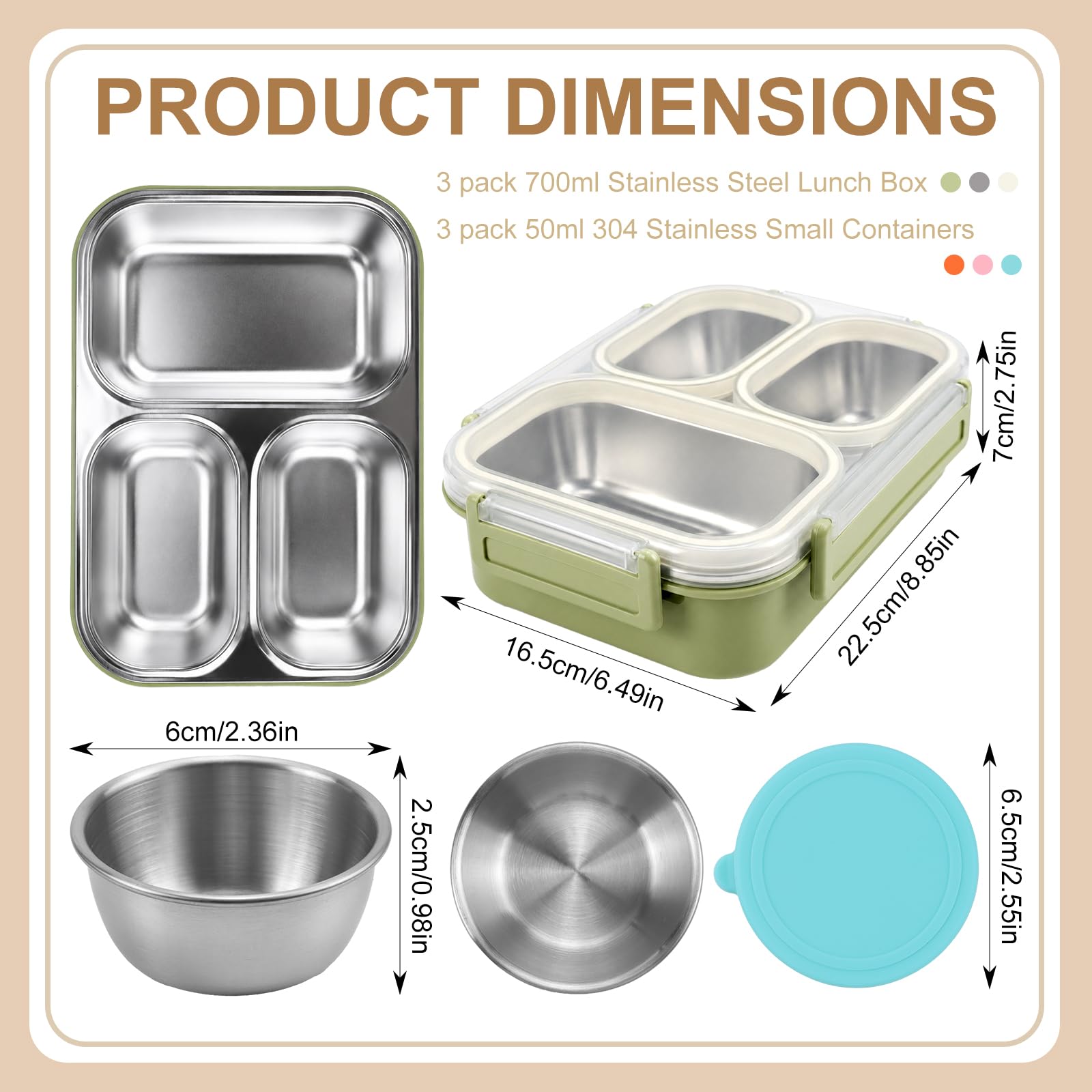 Lot de 3 boîtes à déjeuner Bento en acier inoxydable de 700 ml, 3