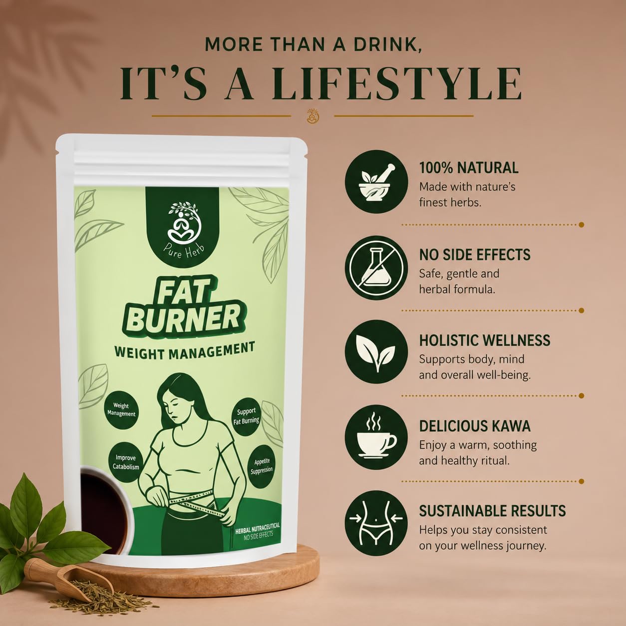 Fat Burner Kawa For Men & Women– Herbal Blend of Green Tea, Green Coffee & Garcinia – Natural Weight Loss & Metabolism Booster – Supports Detox & Fat Burning – 150g — Amazon image 6