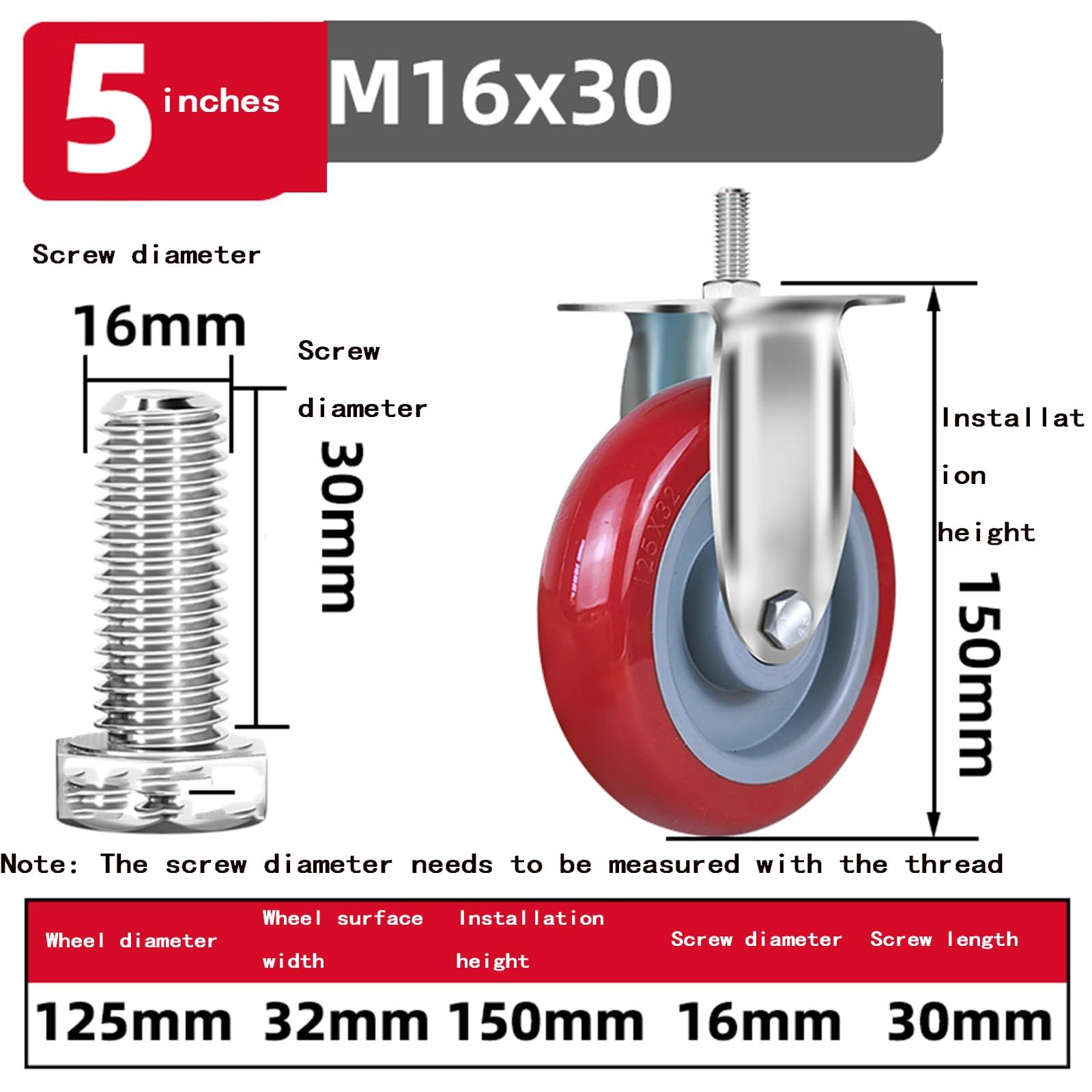Ruote girevoli in Poliuretano per impieghi gravosi da 3" 4" 5" Dimensioni M16*30 Design a Doppio Cuscinetto Ideale per carichi Pesanti con Funzione Freno (5 Pollici)