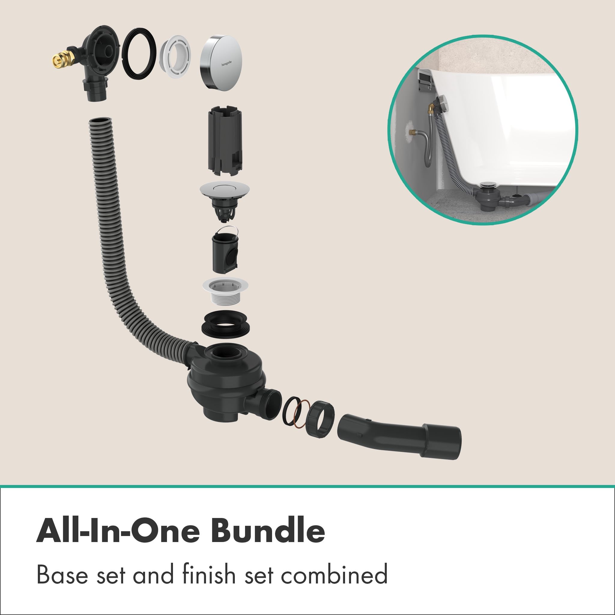 hansgrohe Flexaplus - Komplettset Ablauf- und Überlaufgarnitur inkl. Grundkörper und Geruchsverschluss, geeignet für Badewannen mit Ablaufdurchmesser 52 mm, Chrom, 58154000