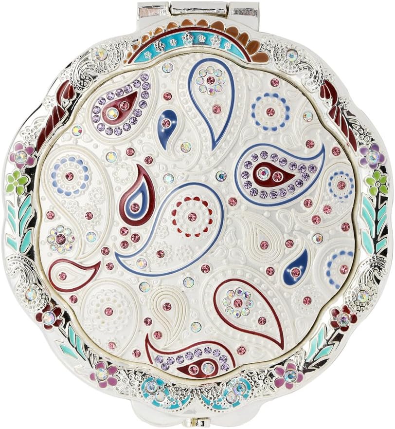 Silver Vintage Round Purse Double Sided Mirror with Magnification | Clear, Compact, Retro, Handheld, Pocket, Sleek Rhinestones & Ergonomic Grip | for Makeup, Cosmetics, Travel, Vanity & More