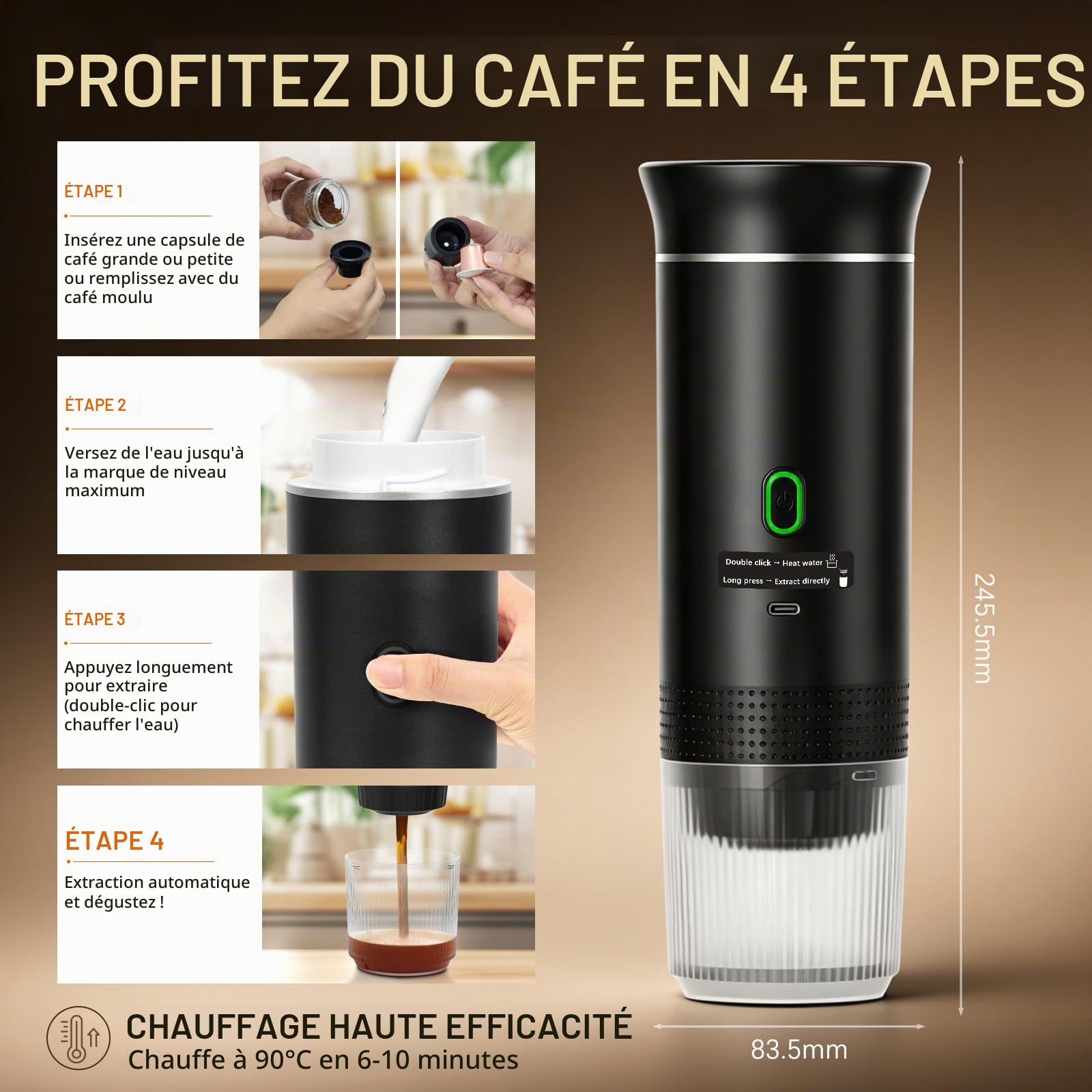 Machine a Cafe Portable, 3 en 1 Cafetiere Portable Rechargeable Compatible avec Capsules Espresso et Poudre de Café, Chauffage Électrique, Rechargeable, pour Camping Bureau Maison Voiture