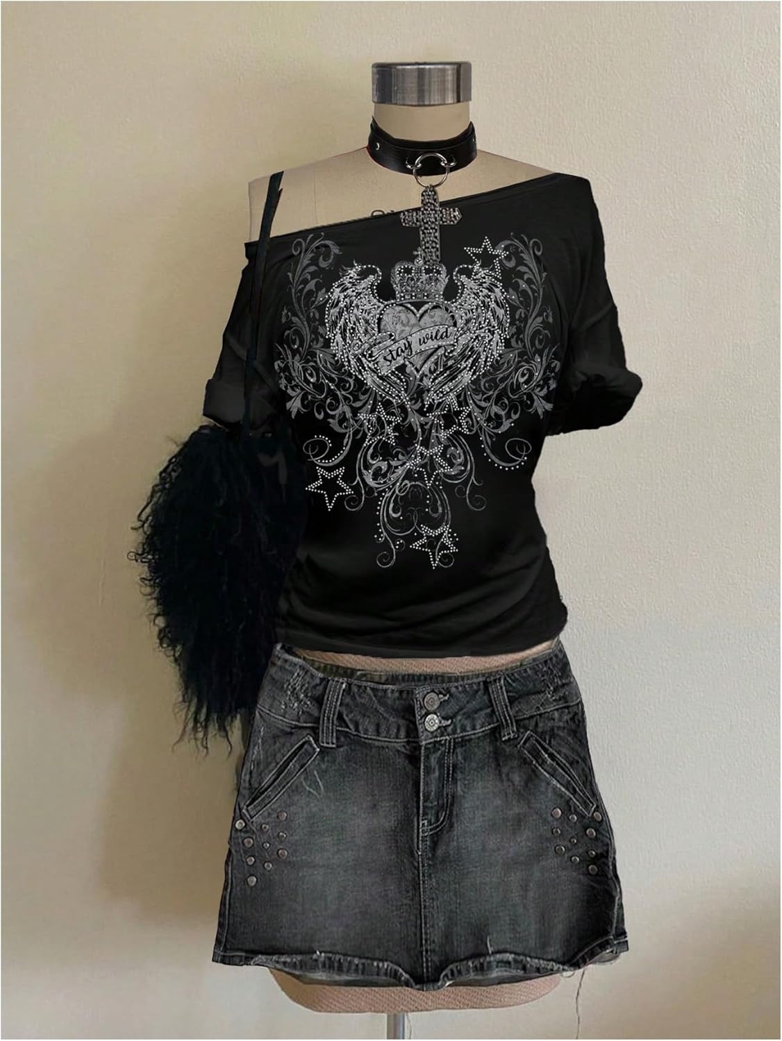 RoseSeek Women's Off The Shoulder Goth Graphic Tees Short Sleeve Asymmetrical Oversized Y2K T Shirts - Image 5