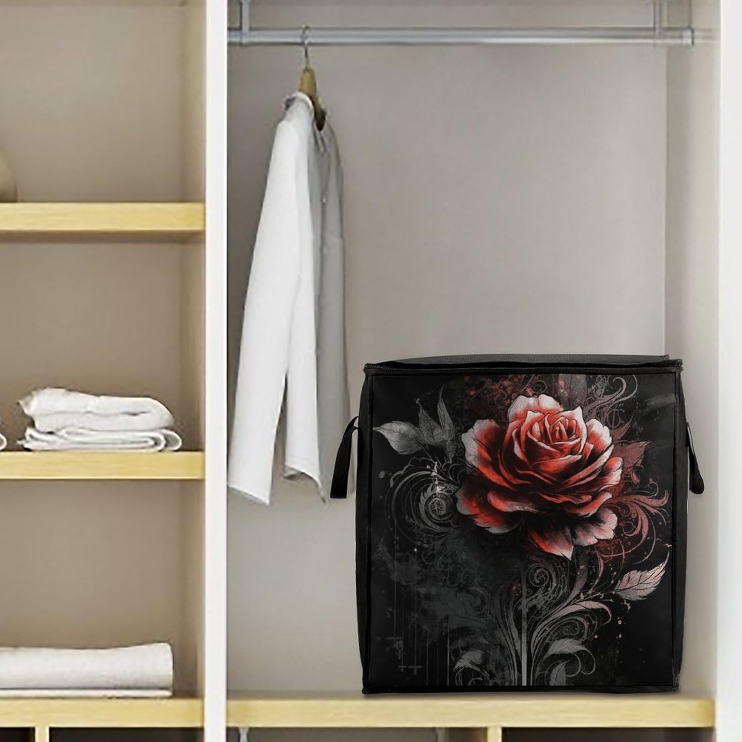 Portable Quilt Storage Bag,Flat Rose Printed Foldable Wardrobe Storage Box Foldable Storage Bag with Lids And Handle Large Clothing Storage Bag for Comforters Clothes Blankets Pillows