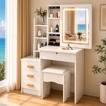 Honrane White Makeup Vanity Desk with Sliding Mirror and 3-Color LED Lights