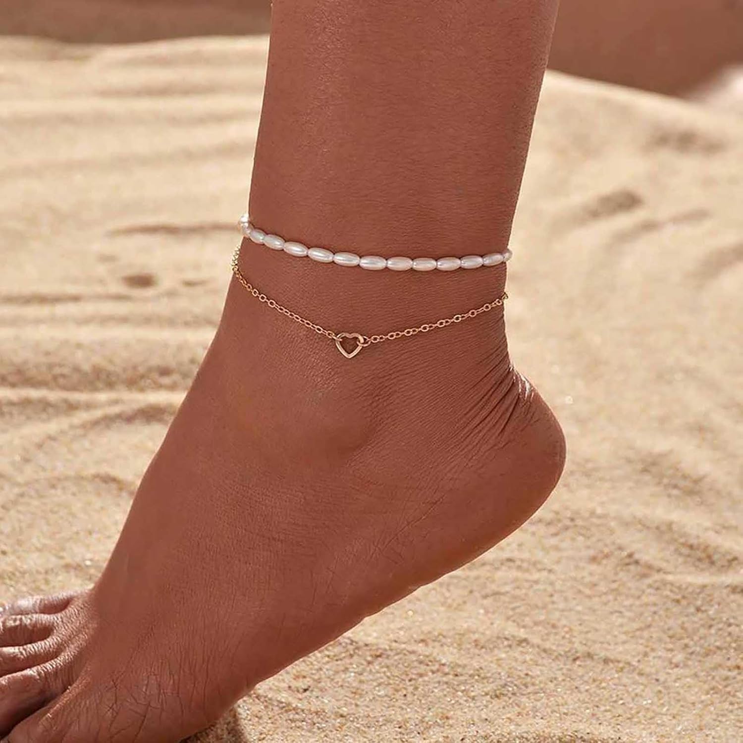 Boho Layered Pearl Anklet Hollow Heart Bracelet Anklet Gold Heart Anklets Adjustable Pearl Foot Chain Anklets Jewelry for Women - Image 2