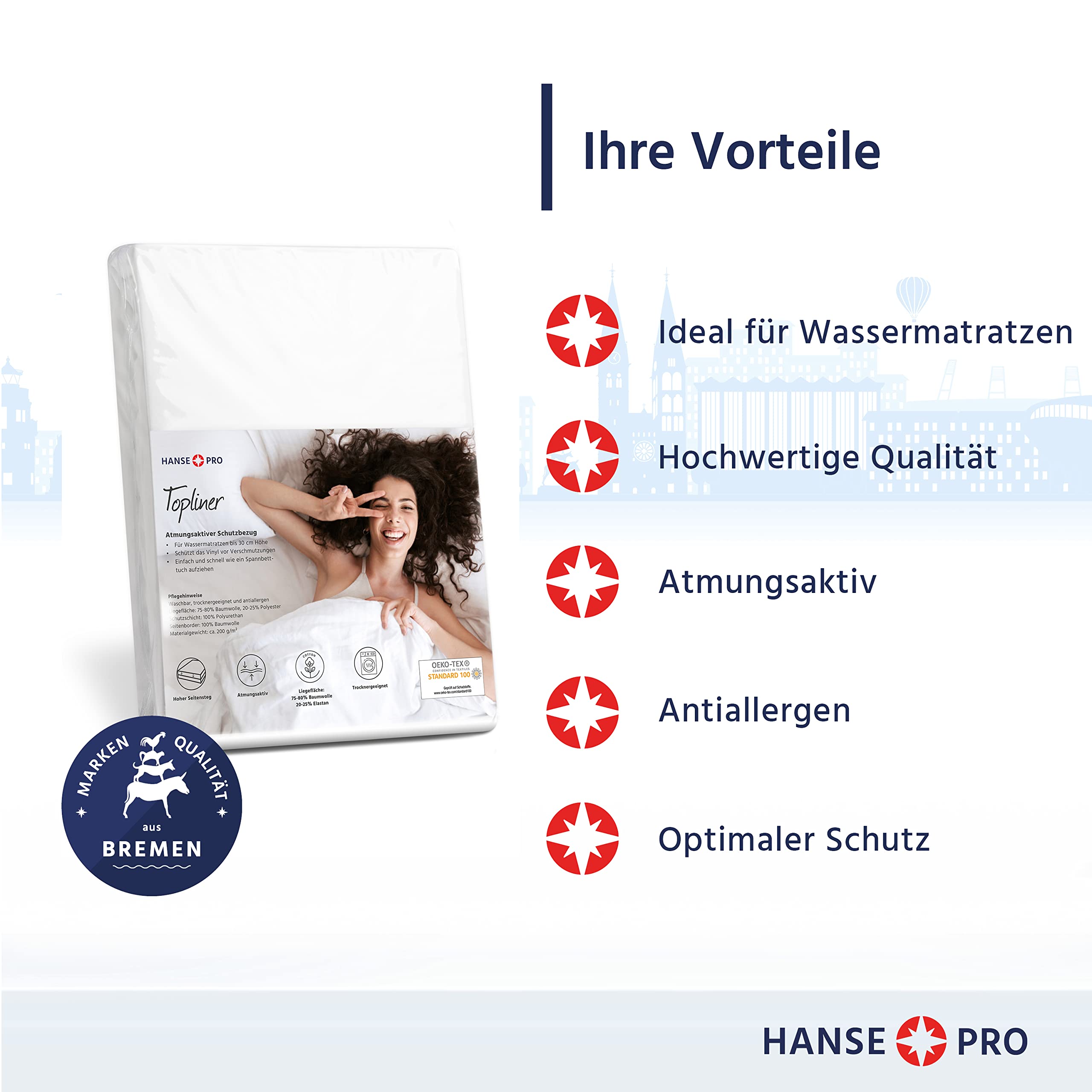 HANSE PRO Topliner, 200 x 220 cm I ideal für Wasserbetten bis 30 cm Höhe I Staubschutz-Auflage I Schutz-Bezug I Cap-Liner I Schmutzfang