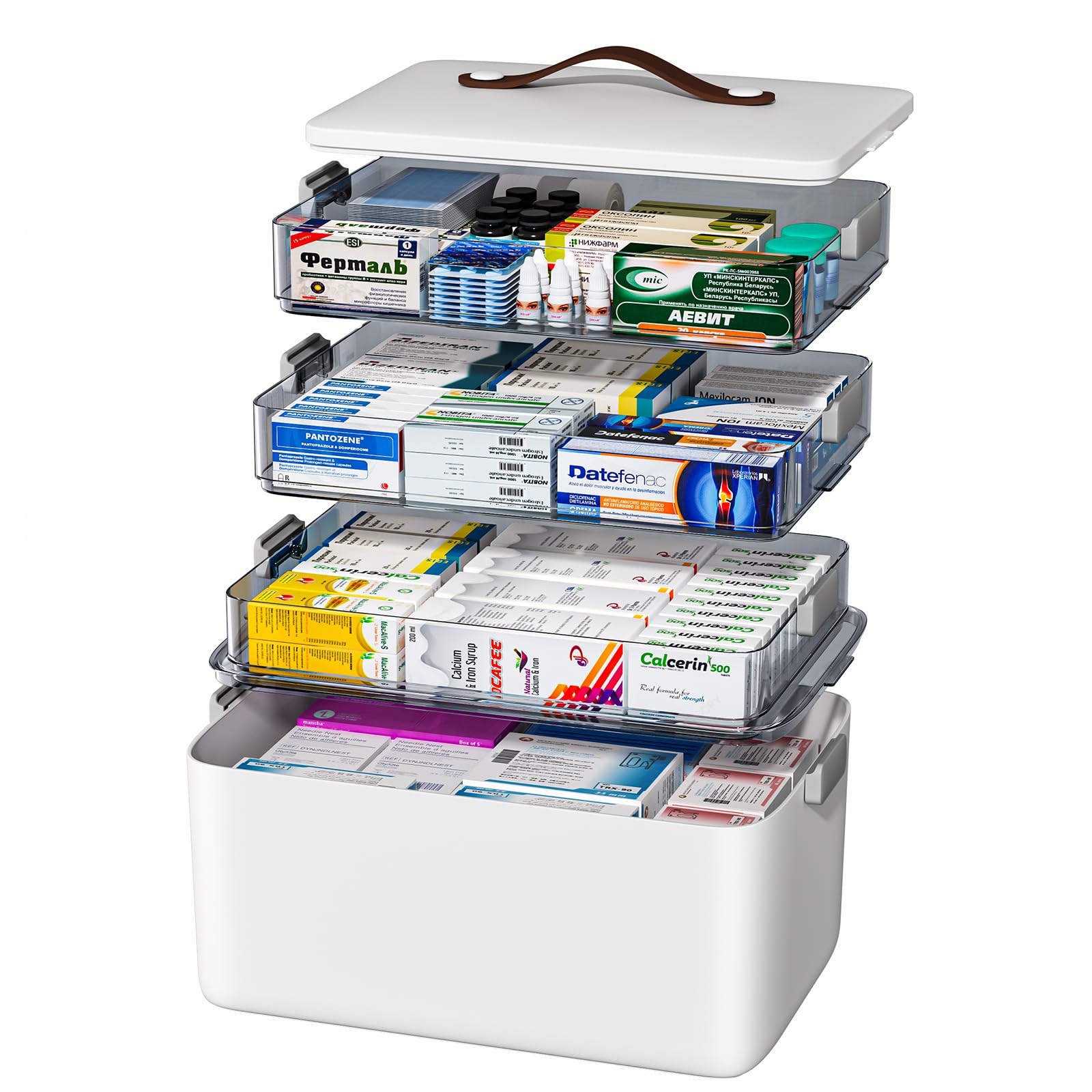 JOYBOS 4-Tier Medicine Organizer Storage Box with Lid and Leather Handle, Portable Latch Bin for Pill Bottle, First Aid, Sewing, Art, Craft