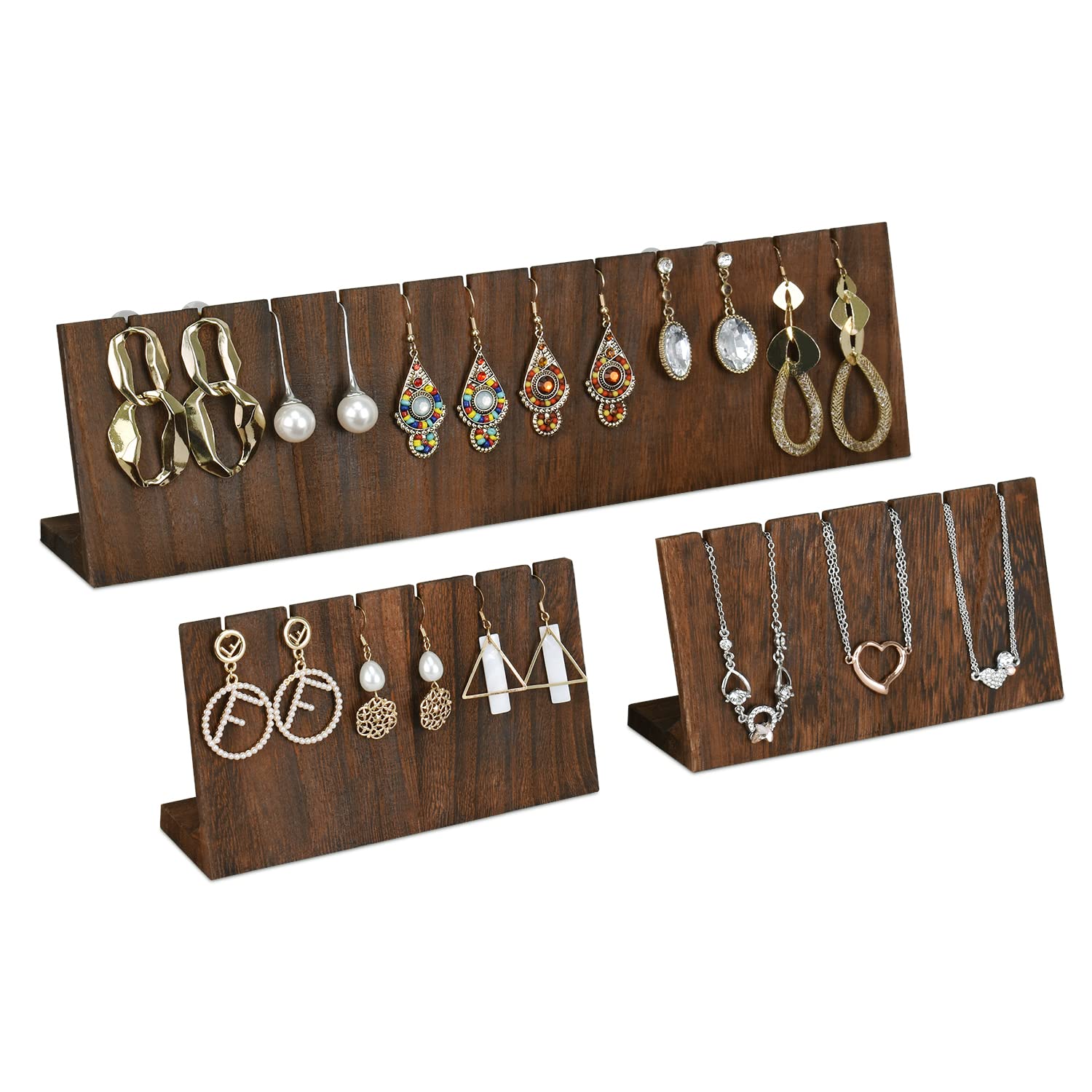 MOOCA Stunning 3-Piece Wooden Jewelry Display Stand Set - Versatile Earring and Pendant Organizer | Elegant Jewelry Stand, Rack, and Holder for Earrings | Holds up to 12 Pairs, Brown Color