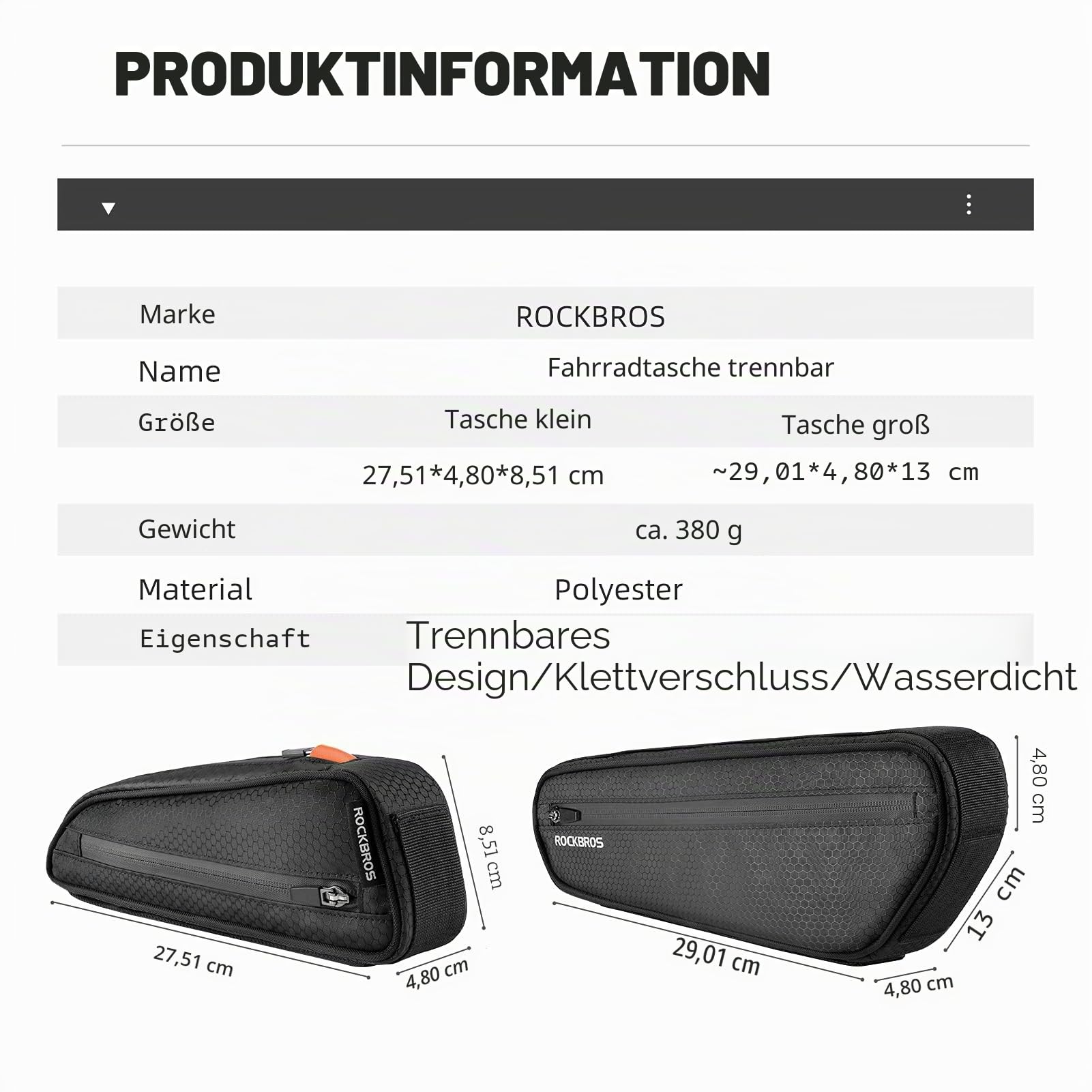 ROCKBROS Fahrradtasche Set, Fahrrad Lenkertasche + Rahmentasche, 2 in 1 Abnehmbare Dreiecktasche für MTB Rennrad E-Bikes 2,5L