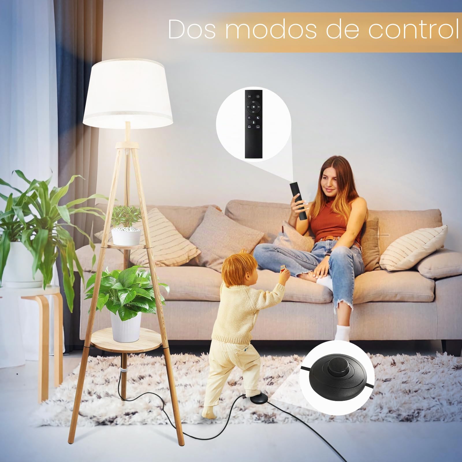 Lámpara de Pie con Mando y Pedal Ajustable, 3 Modos de Luz Cálida/Fría, Temporizador 1H Apagado Automático y Estante, Trípode de Madera para Sala de Estar, Habitación, Oficina en Casa