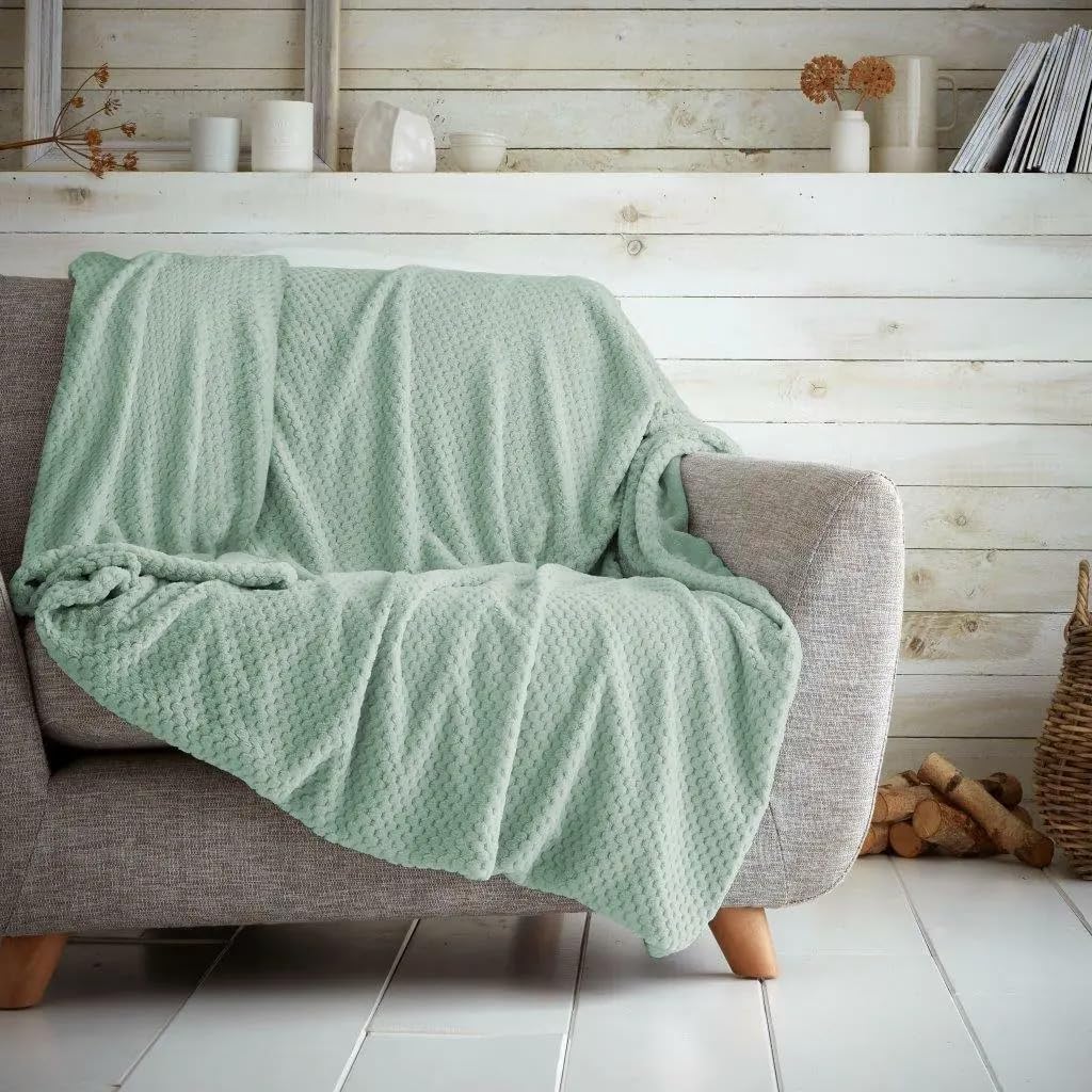 House of QT Throw Blanket Soft Waffle Honeycomb – Cosy Warm Fleece Sofa & Bed Throw, Popcorn Texture Thermal Blanket for Kids & Adults (Duck Egg, Single - 130 X 150)