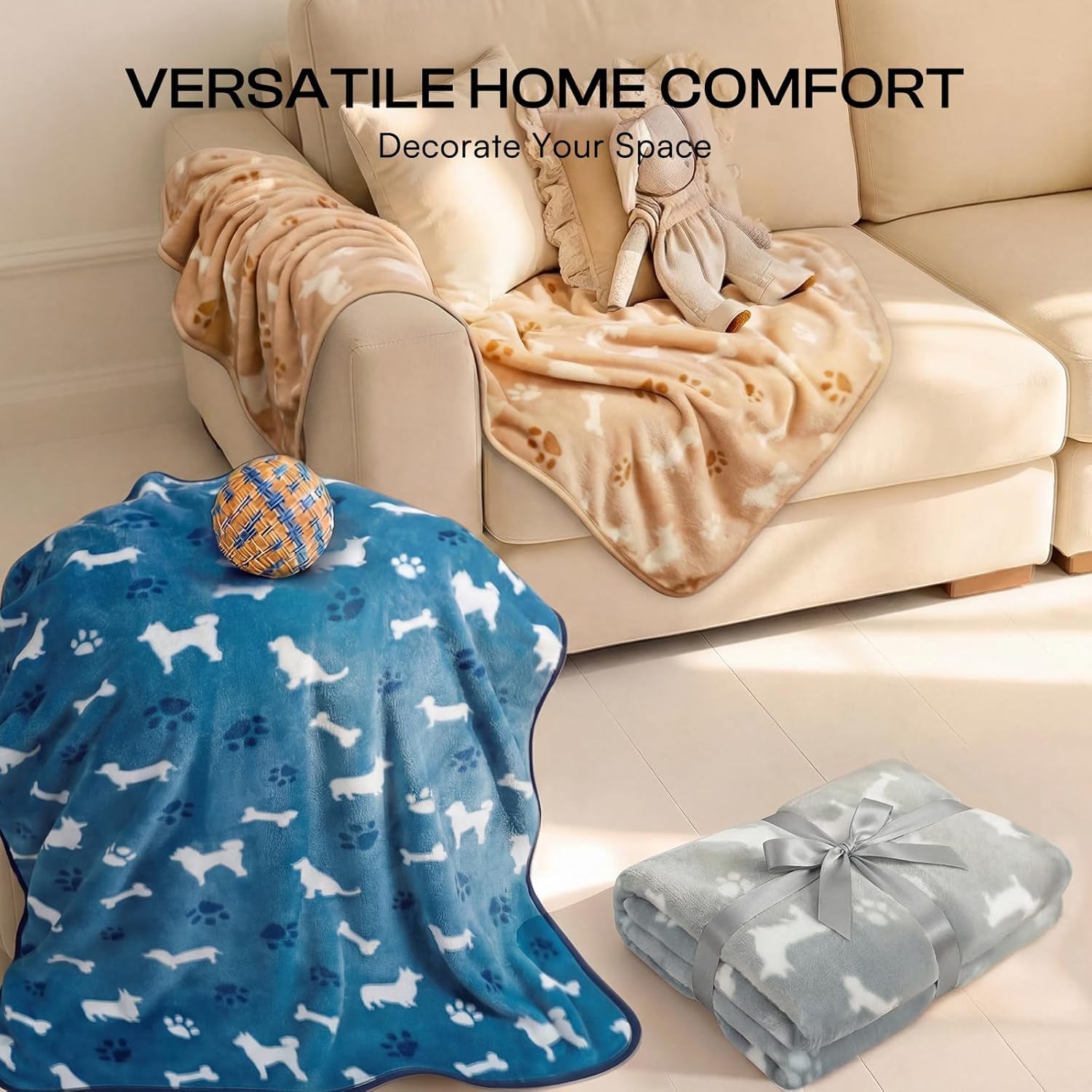 Luciphia 1 Pack 3 Blankets, Cute Dog Printed Fluffy Fleece Pet Blanket for Dogs Cats Washable, Warm Soft Throw Cover for Crate Couch, Gifts Puppy Essentials, Blue/Grey/Khaki, Large (41x31 inch)