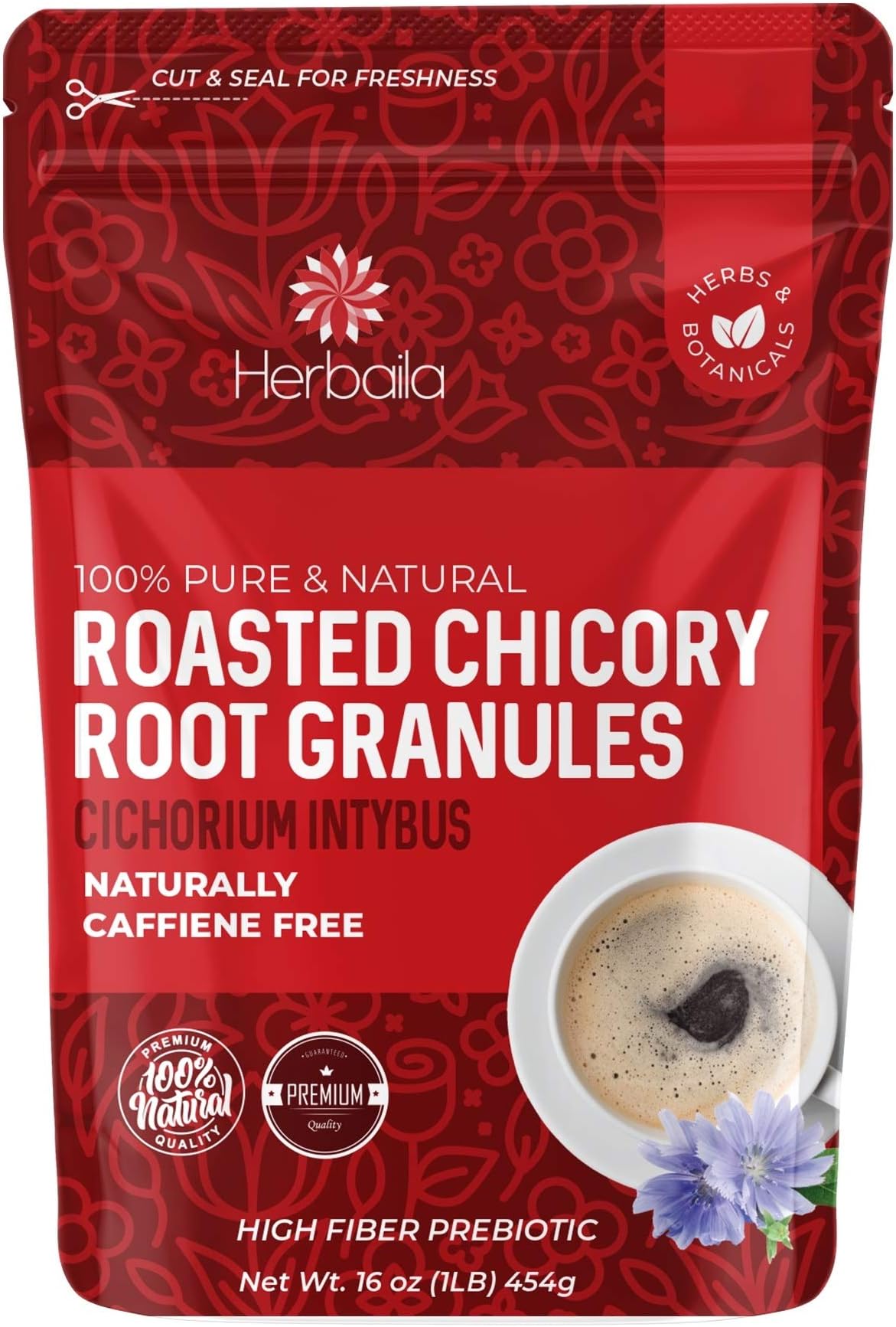 Herbaila Chicory Root Roasted Granules, 1 Pound, Chicory Coffee (Inulin, Prebiotic Dietary Fiber) Rich Flavor, Caffeine Free, Natural Tea and Coffee Substitute, Keto, Kosher