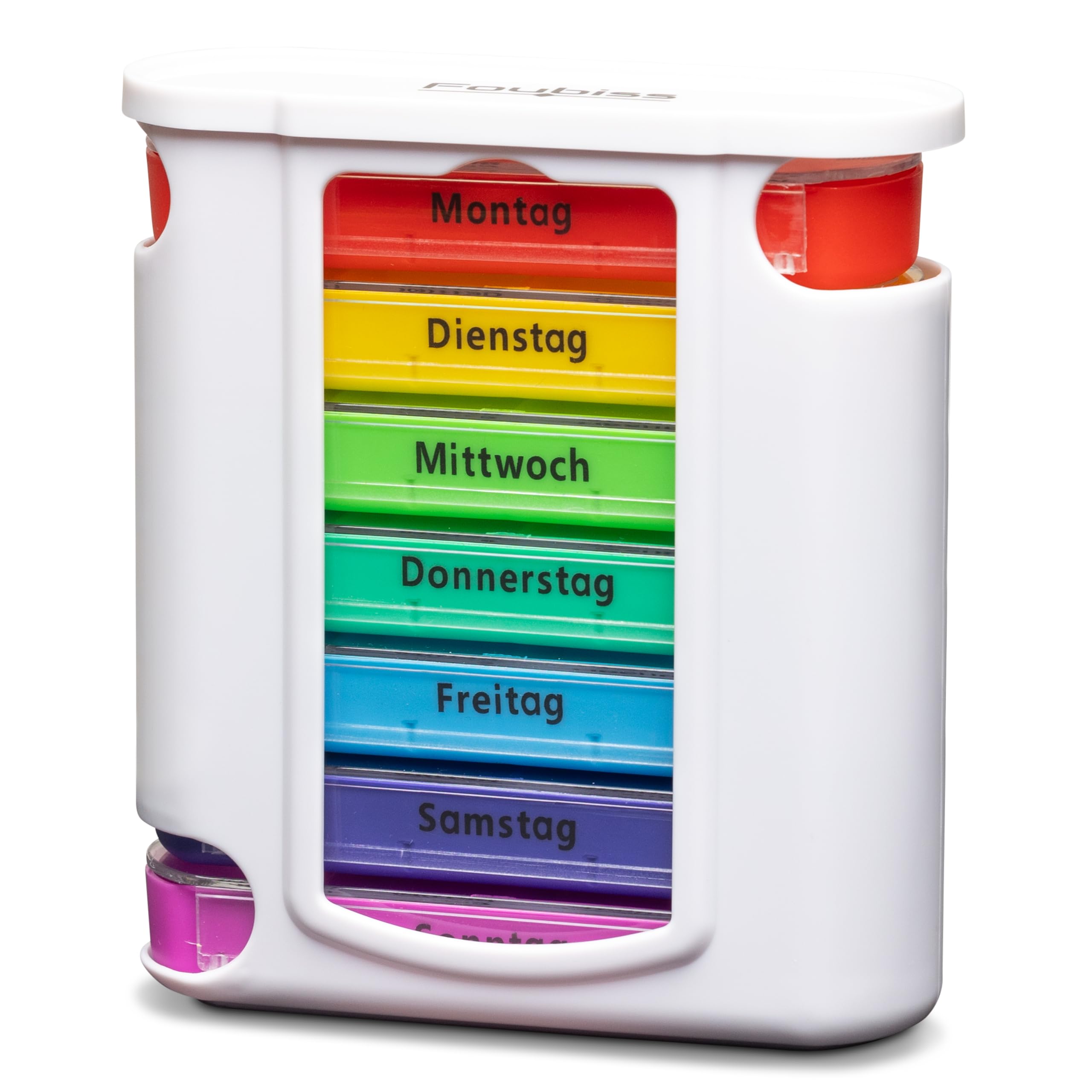 Foubiss Tablettenbox 7 Tage – BPA-frei – 4 Fächer täglich – Pillendose für unterwegs – Medikamentenbox für morgens, mittags, abends, nachts – seniorenfreundlich