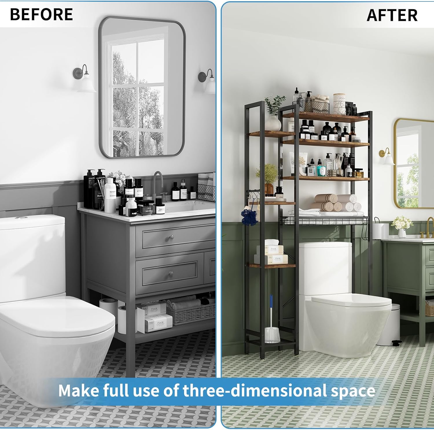 8-Tier Over The Toilet Storage with Side Rack, Over Toilet Storage Rack with Adjustable Shelf & Drain Basket, Freestanding Bathroom Organizer for Balcony, Laundry