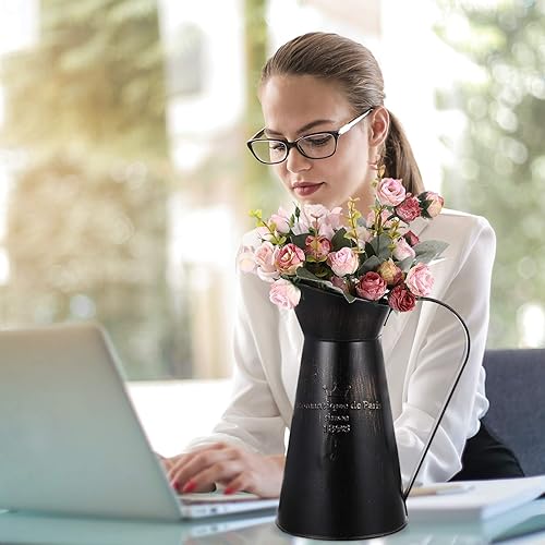 Miniatura 9 de DOITOOL Jarrón de metal rústico para leche, ramos de flores, con acabado desgastado y elegante, cubo de metal francés, jarrón de lata primitiva,