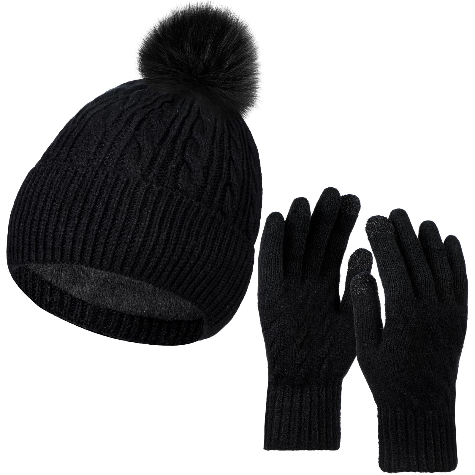 Winter Hats and Gloves Set Knit Beanie Pom Hat with Warm Fleece Lining Touchscreen Gloves Skull Cap for Women Men-image-37