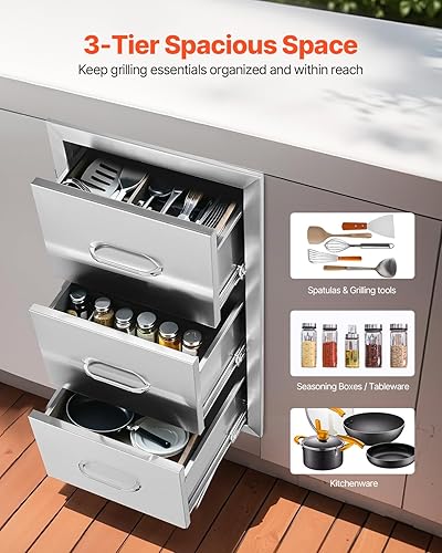 Miniatura 71 de VEVOR Cajones de cocina para exteriores de 14 x 20.3 pulgadas, cajón triple de montaje empotrado, 14 pulgadas de ancho x 20.3 pulgadas de alto x 23