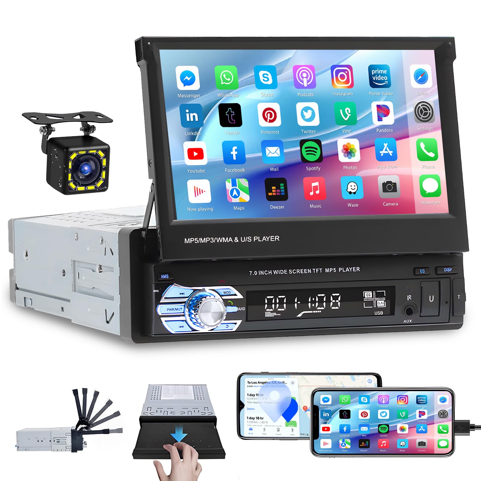 Hikity Autoradio 1DIN Bluetooth, 7'' Pantalla Retráctil Táctil | Manos Libres, USB FM Mirror Link AUX, Cámara de Visión Trasera, Estéreo Radio de Coche