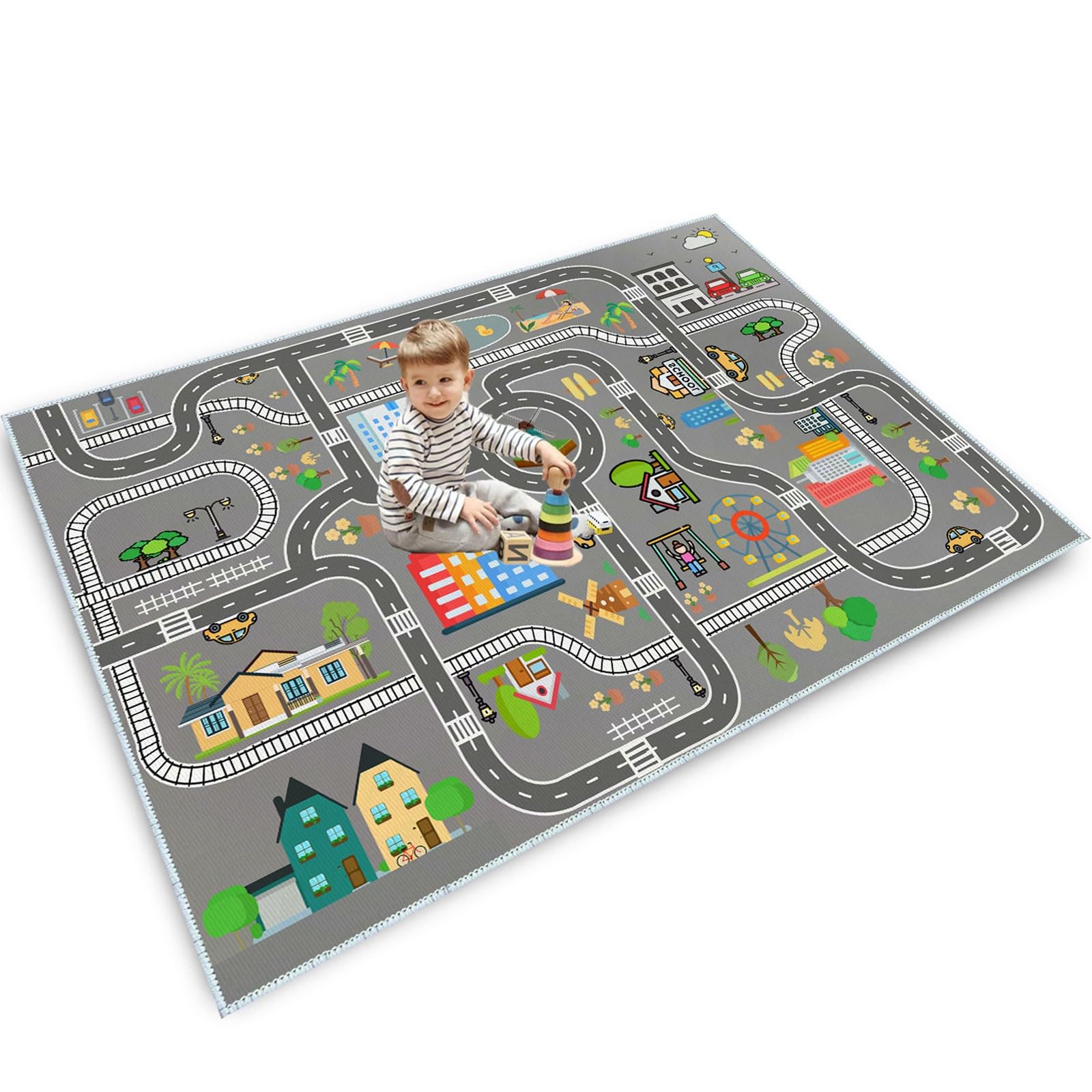 Tappeto Pista Macchinine Strade Antiscivolo Lavabile Gioco per Cameretta Ragazzi e Ragazze (A,90x150cm)