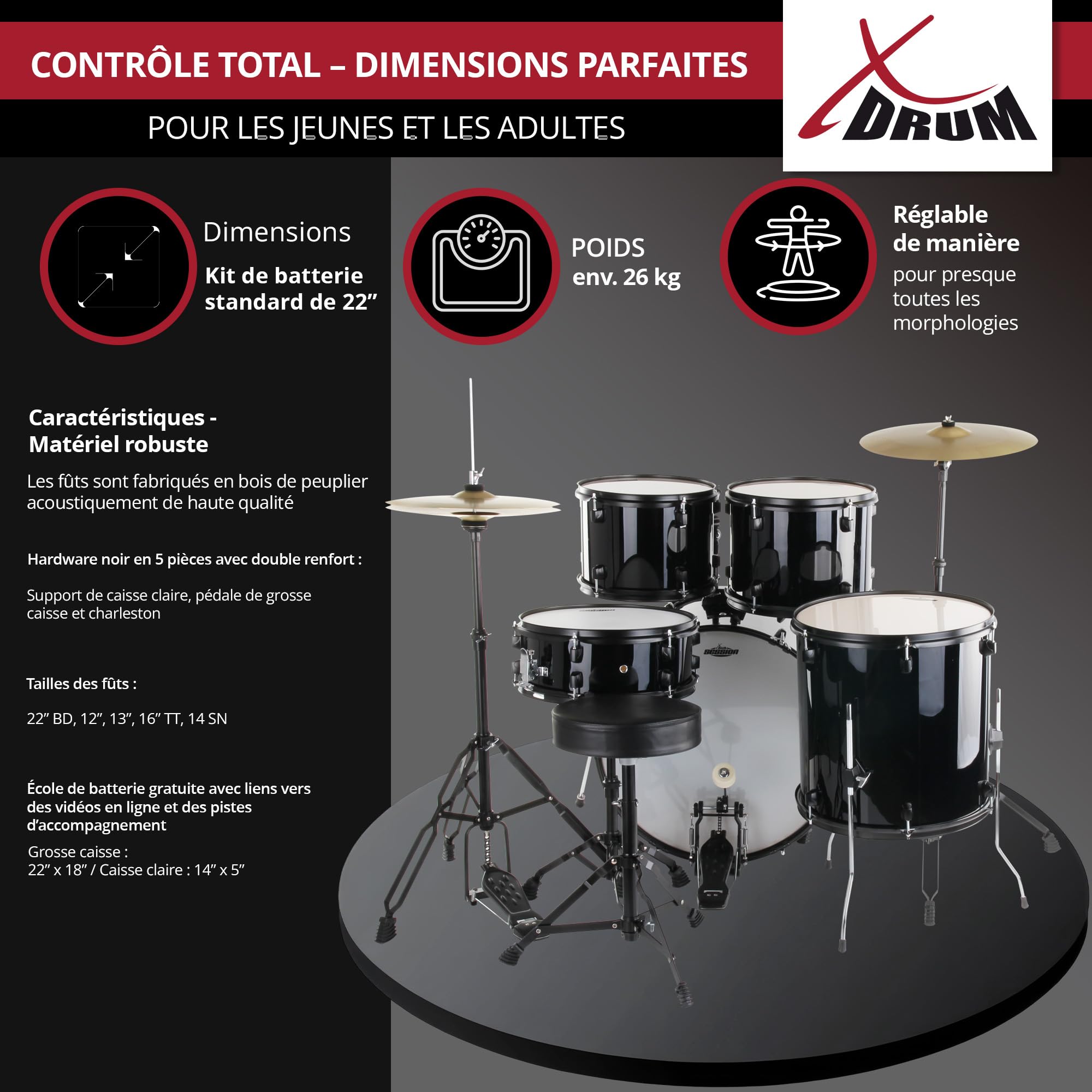 XDrum Rookie 22" Standard Batterie Complète Noire - Idéal pour Débutants - Matériel Stylé en Noir - Incl. Baguettes 5B, Notice de Montage et École de Batterie - Noir
